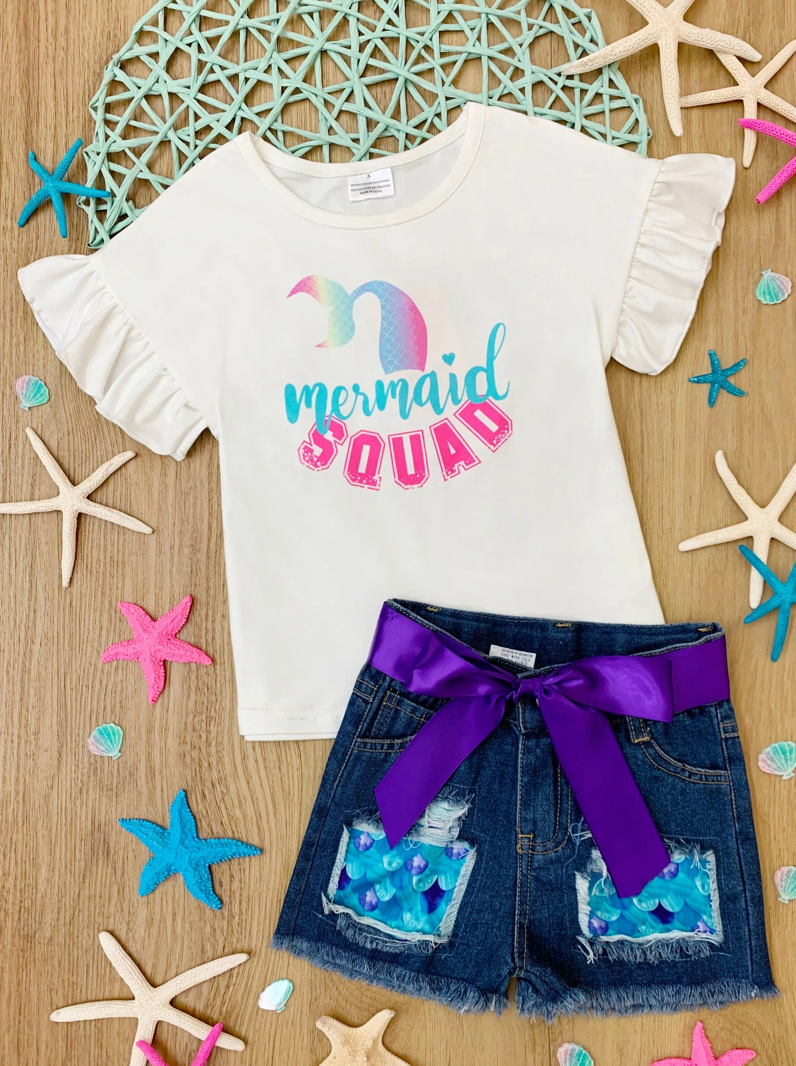 Mermaid Squad Patched Denim Shorts Set - Image 2