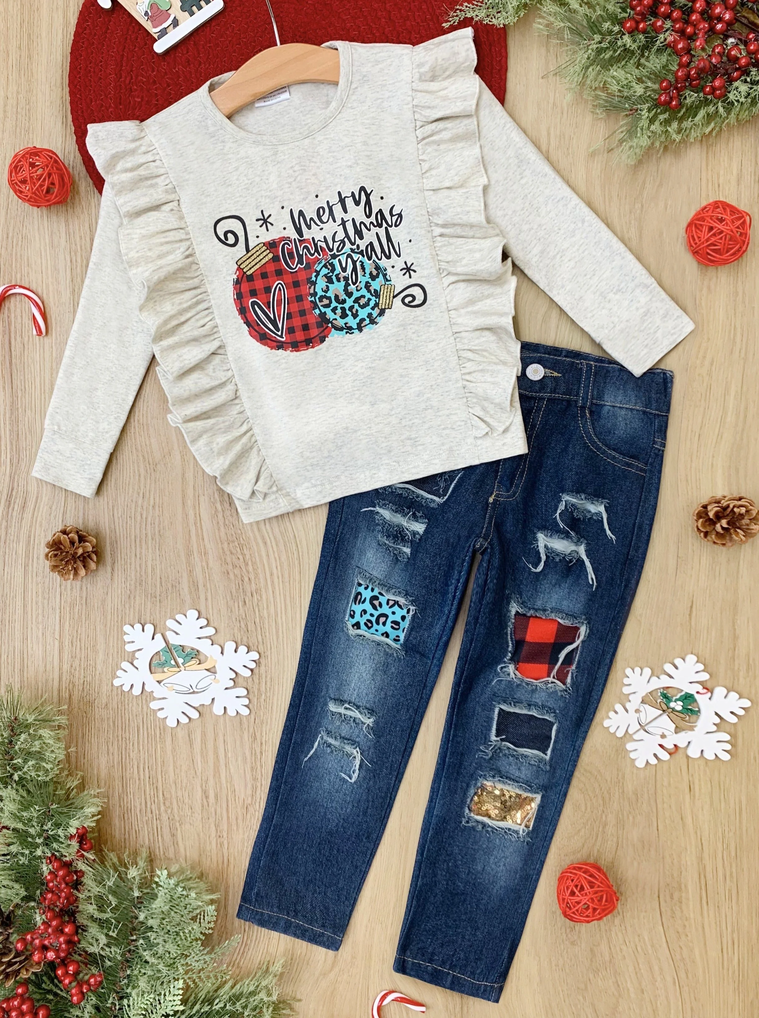 Merry Christmas Y'all Patched Jeans Set - Image 2