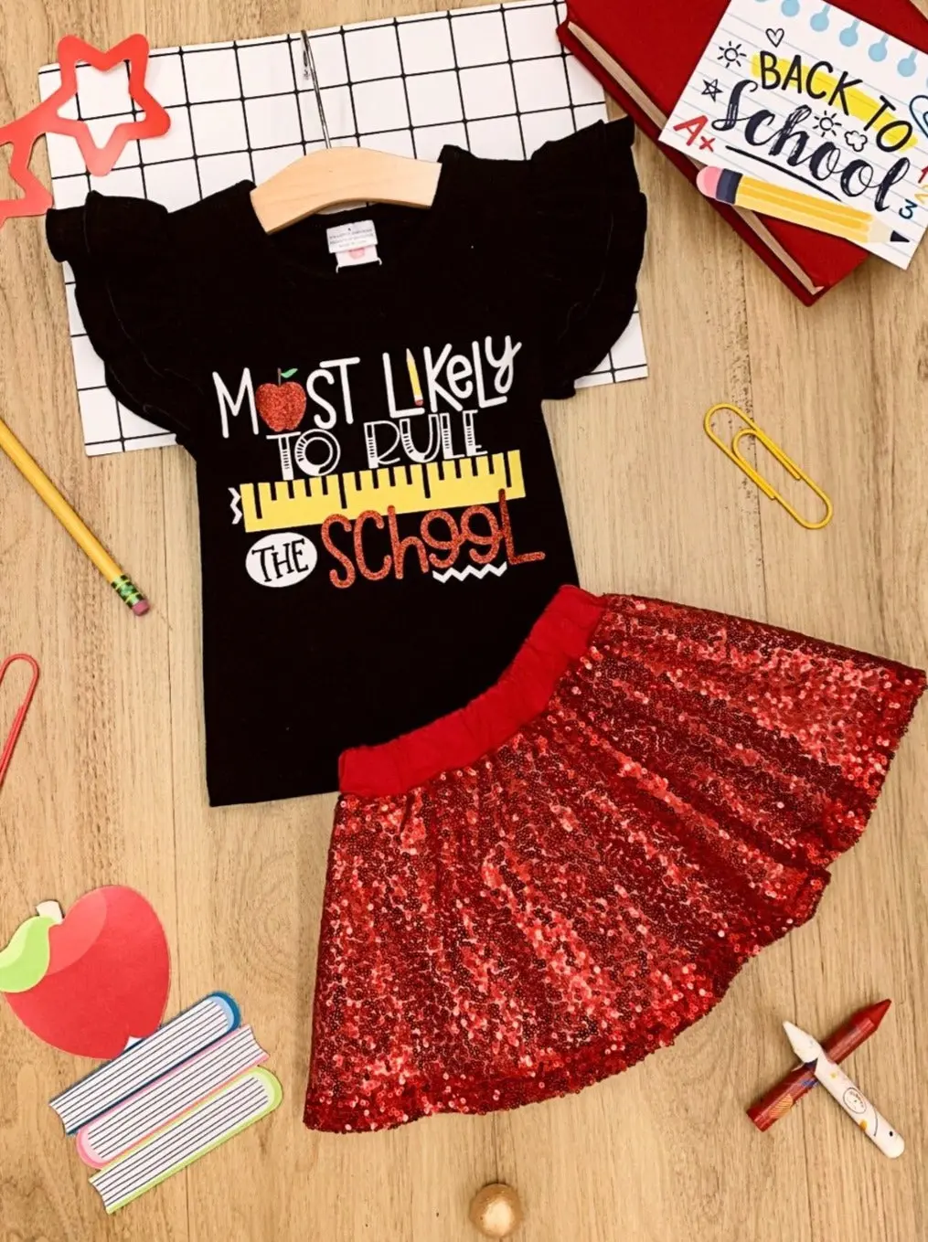 Girls 1st Day of School "Most Likely to Rule the School" Printed Flutter Sleeve Top and Sequin Skirt Set - Image 2