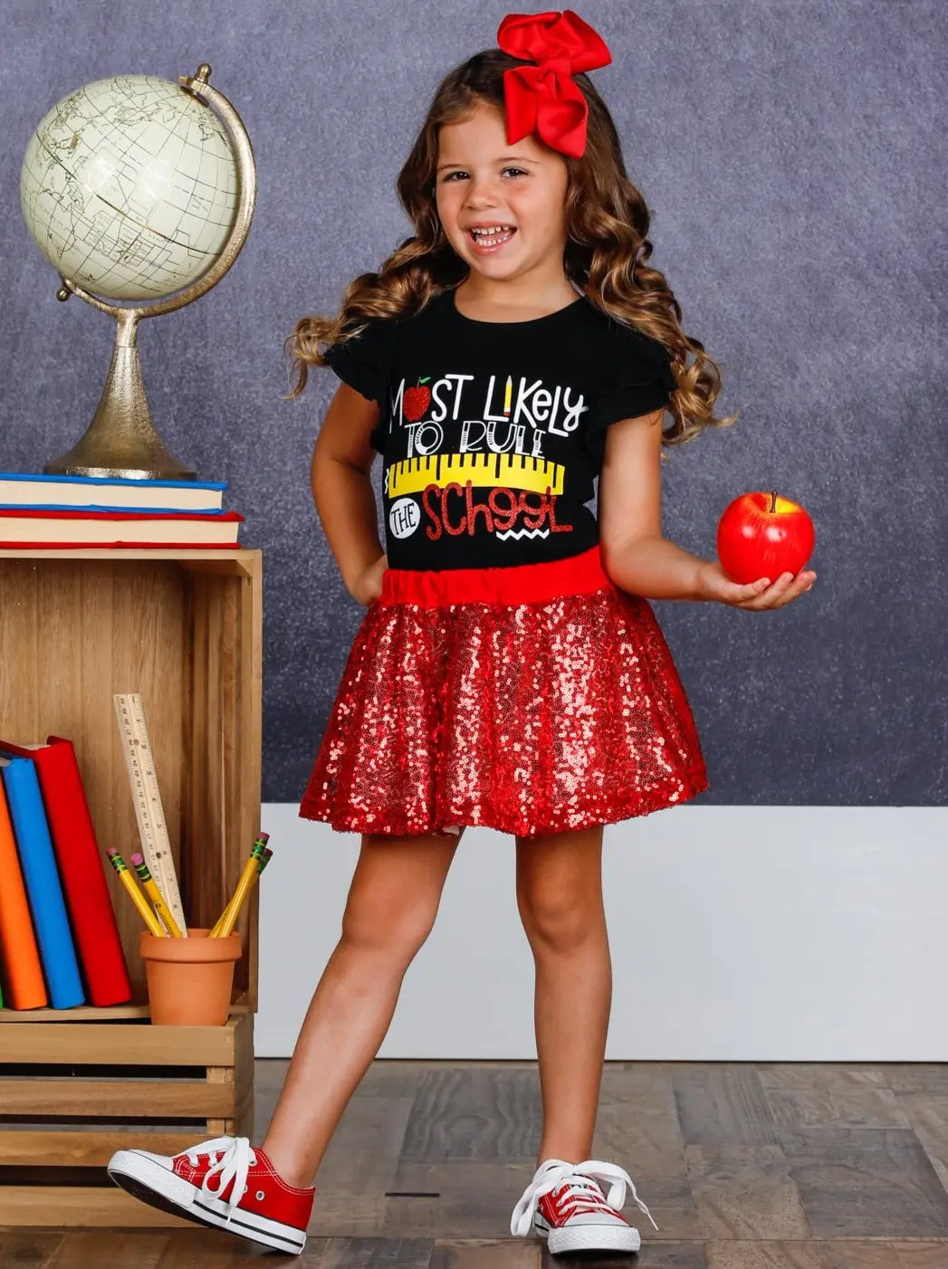 Girls 1st Day of School "Most Likely to Rule the School" Printed Flutter Sleeve Top and Sequin Skirt Set - Image 3