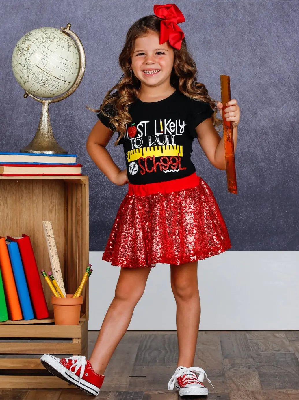 Girls 1st Day of School "Most Likely to Rule the School" Printed Flutter Sleeve Top and Sequin Skirt Set - Image 4