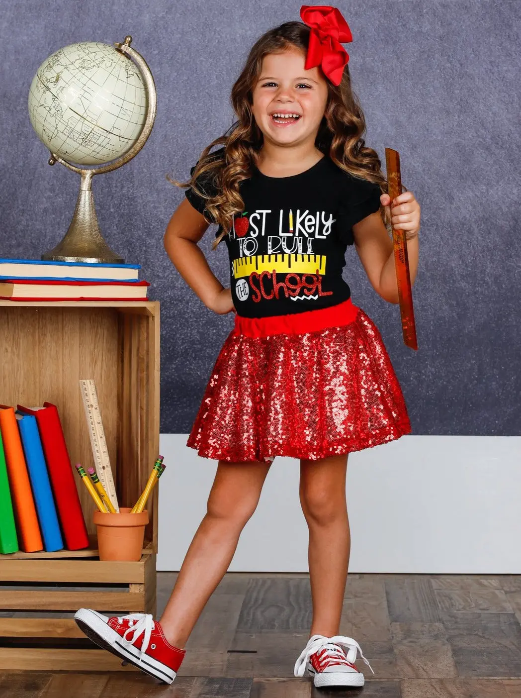 Girls 1st Day of School "Most Likely to Rule the School" Printed Flutter Sleeve Top and Sequin Skirt Set - Image 5