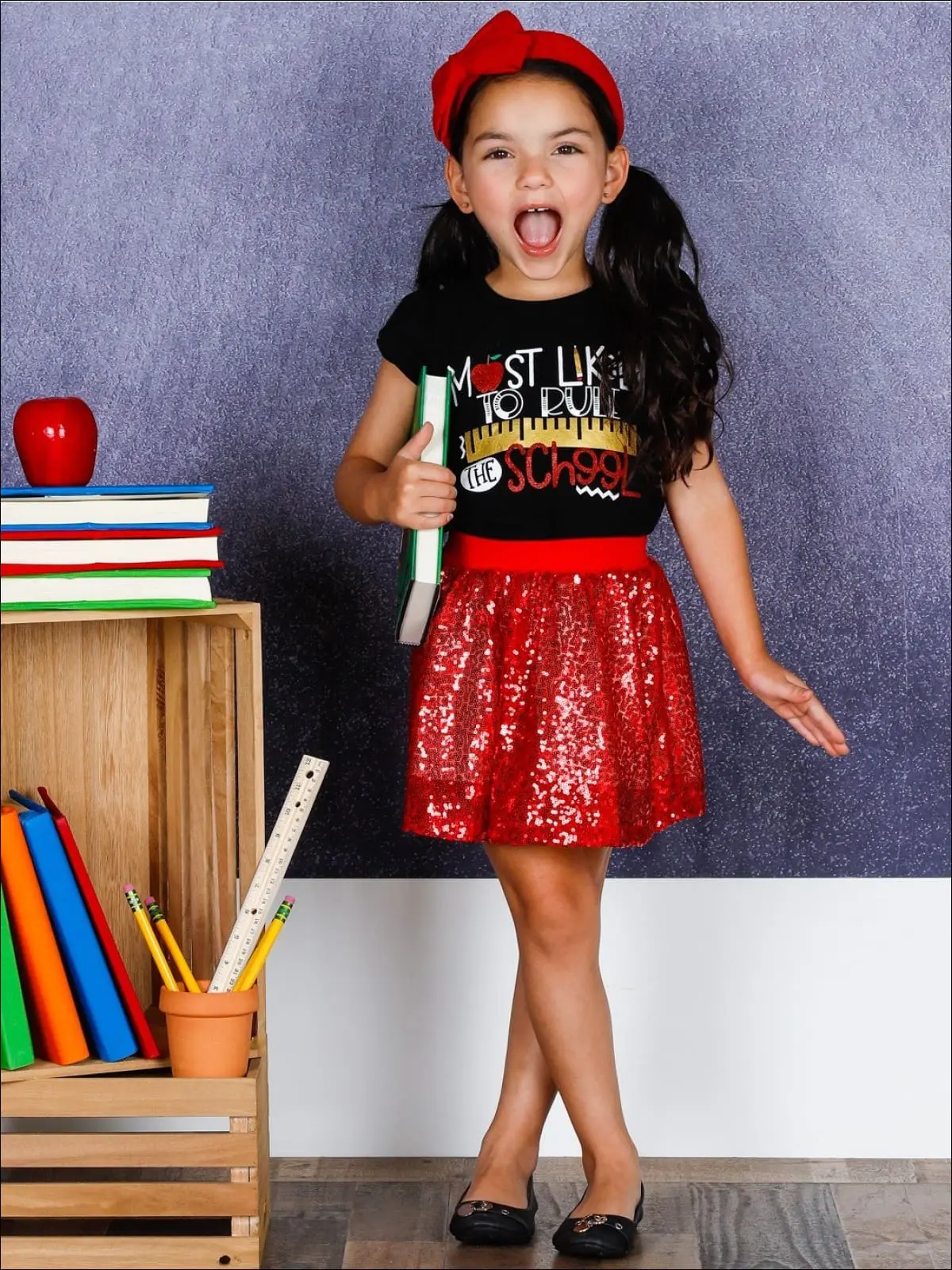 Girls 1st Day of School "Most Likely to Rule the School" Printed Flutter Sleeve Top and Sequin Skirt Set - Image 6