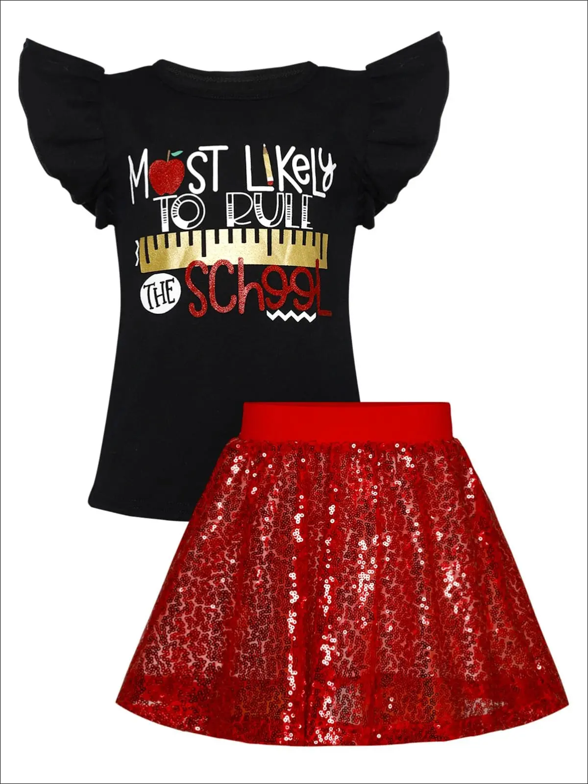 Girls 1st Day of School "Most Likely to Rule the School" Printed Flutter Sleeve Top and Sequin Skirt Set - Image 7