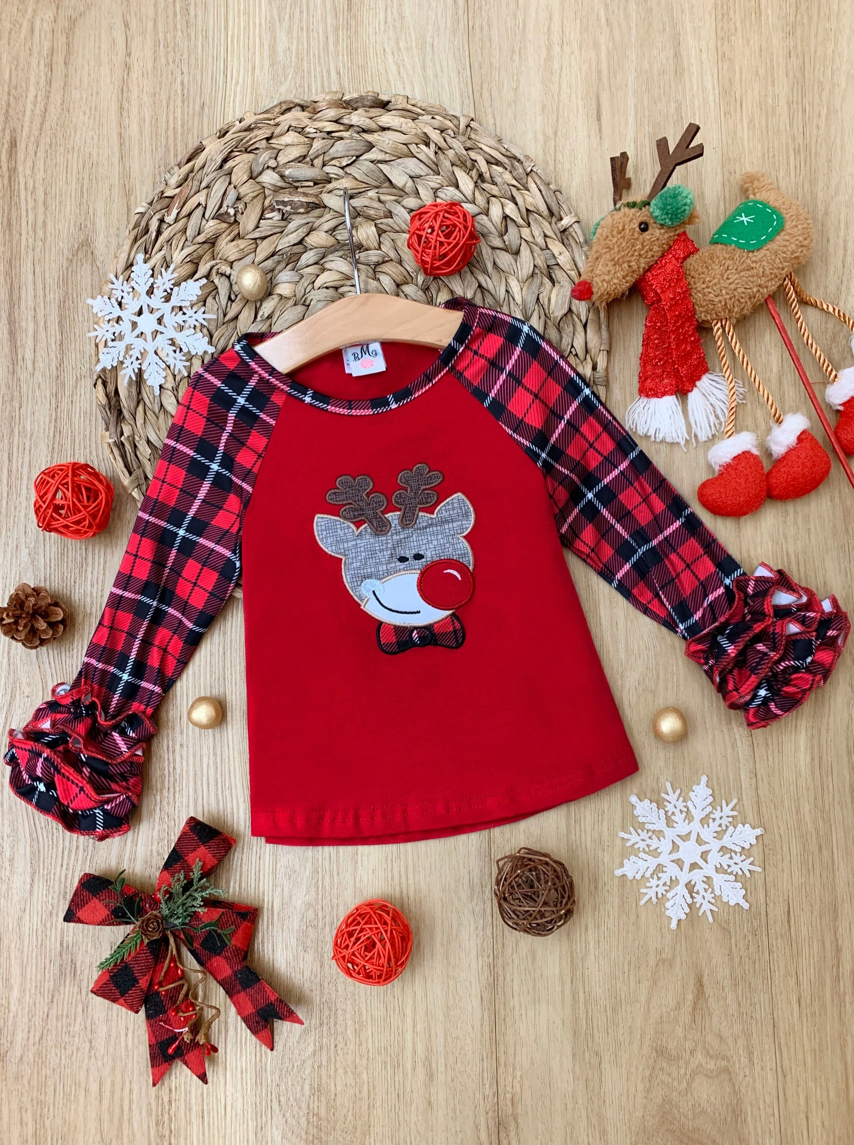 Oh, Deer Me Plaid Ruffle Raglan Top - Image 2