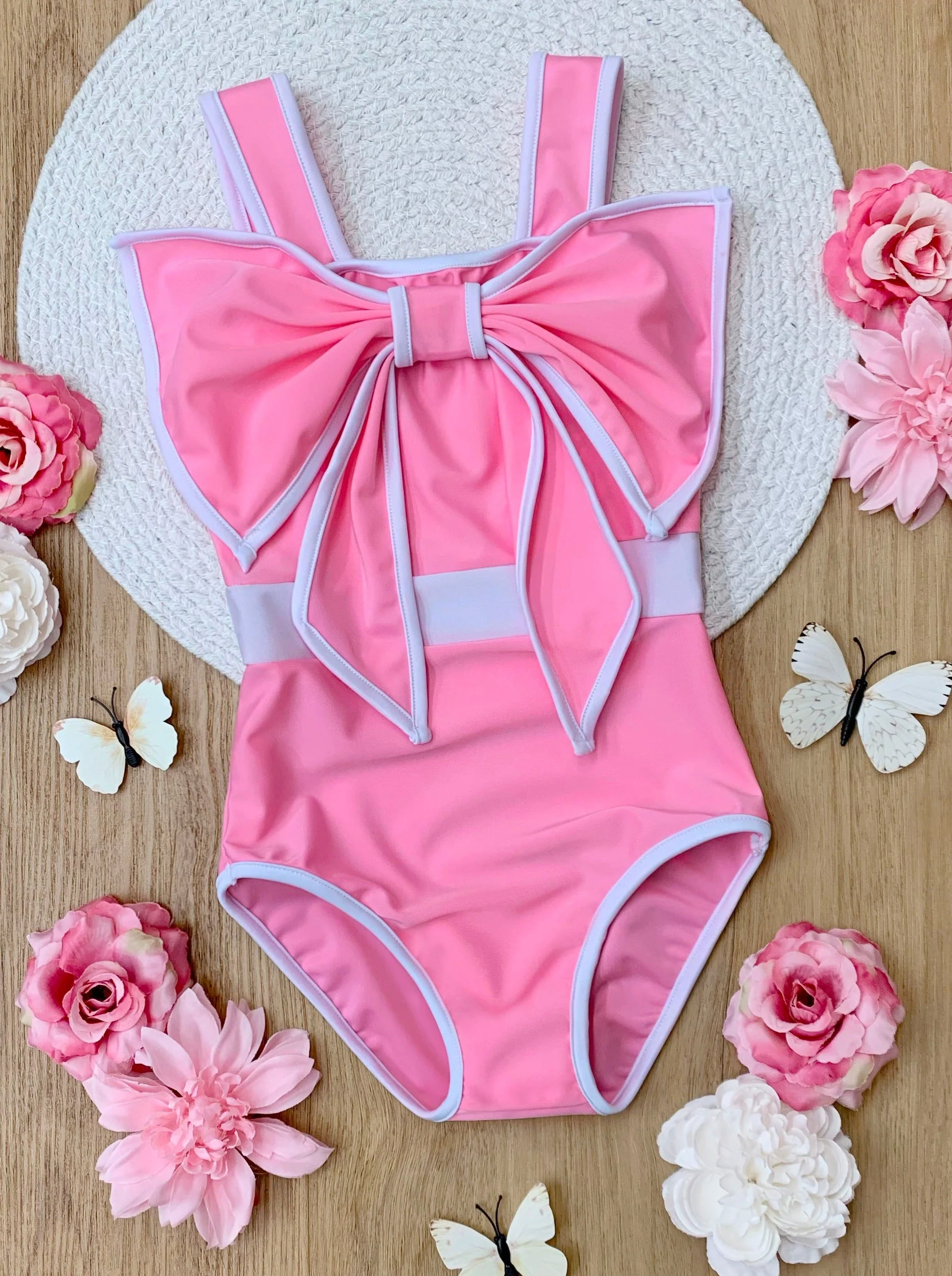 Blushing Summer Statement Bow Pink One Piece Swimsuit - Image 5