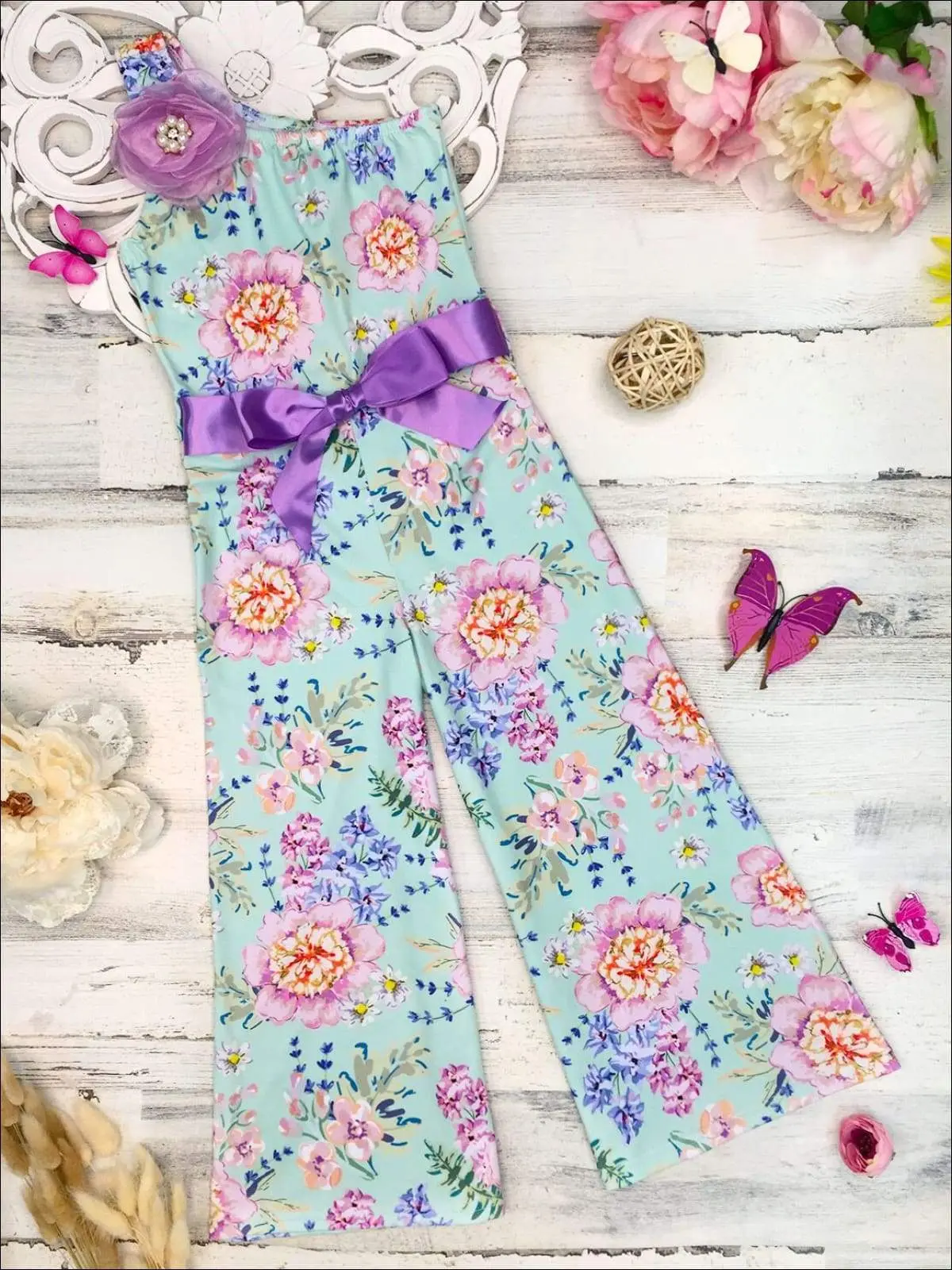 Girls One Shoulder Palazzo Jumpsuit with Flower Trim - Image 2