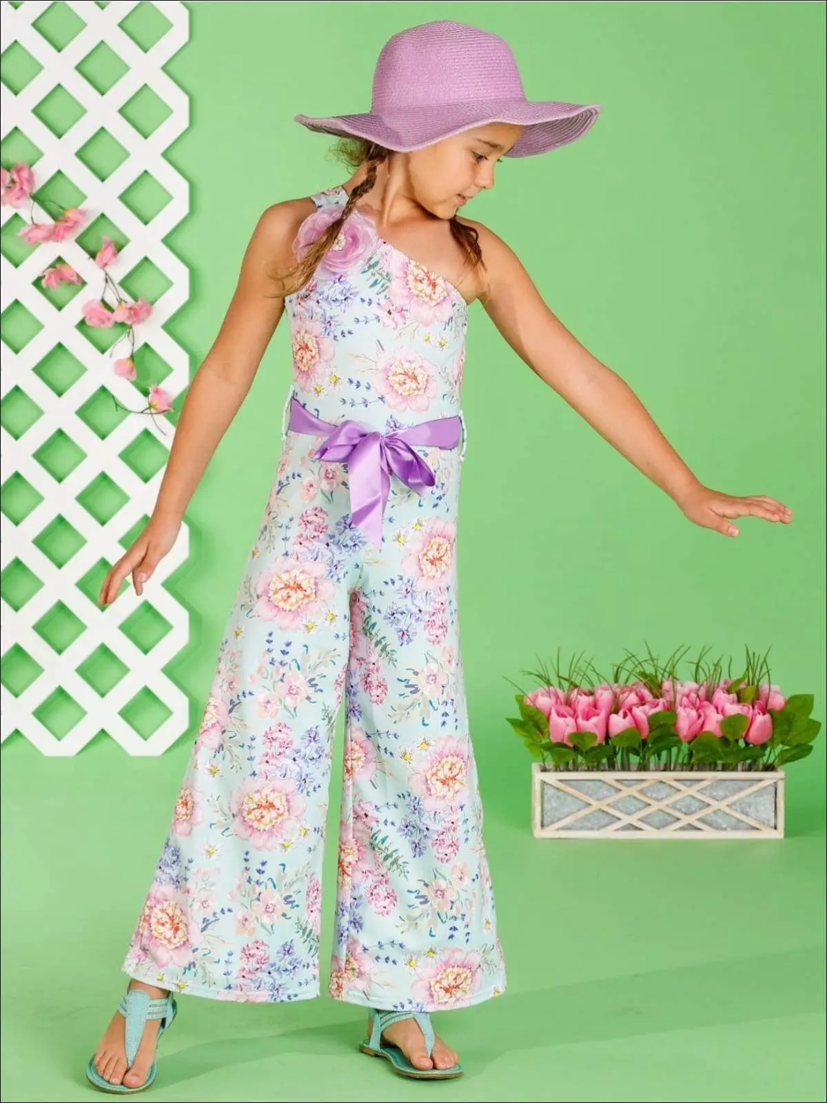 Girls One Shoulder Palazzo Jumpsuit with Flower Trim - Image 3