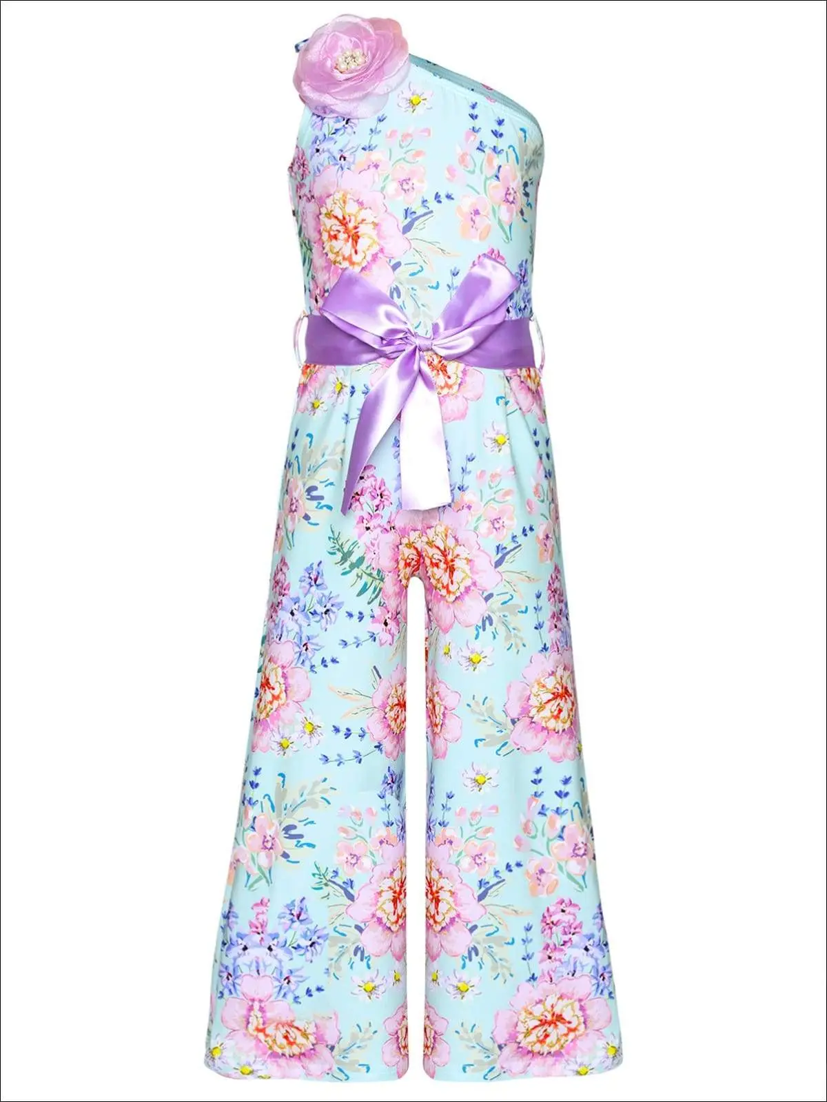 Girls One Shoulder Palazzo Jumpsuit with Flower Trim - Image 5