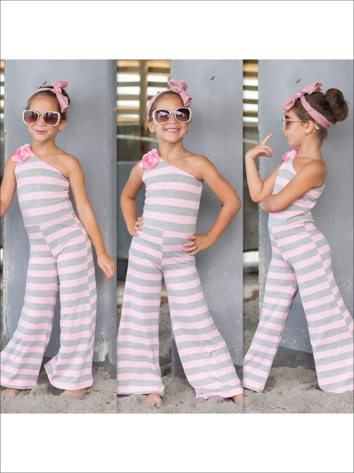 Girls One Shoulder Palazzo Jumpsuit with Flower Trim - Image 6