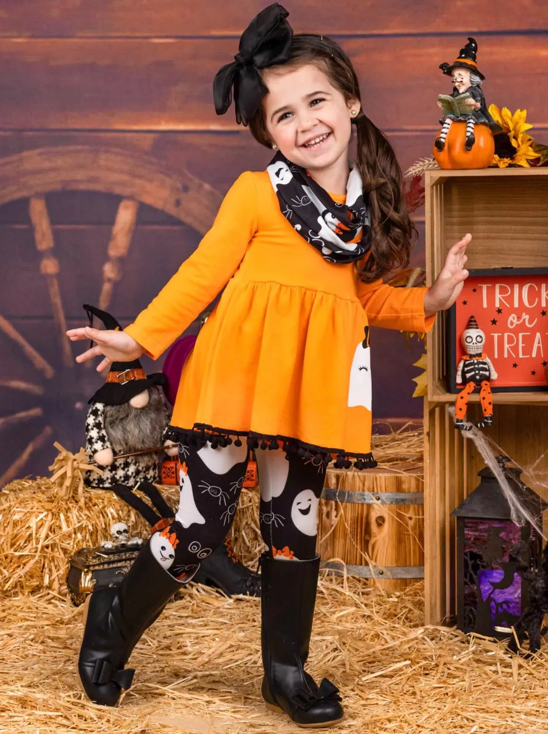 Boo Tribe Long Sleeve Pom Pom Tunic, Leggings and Scarf Set - Image 2