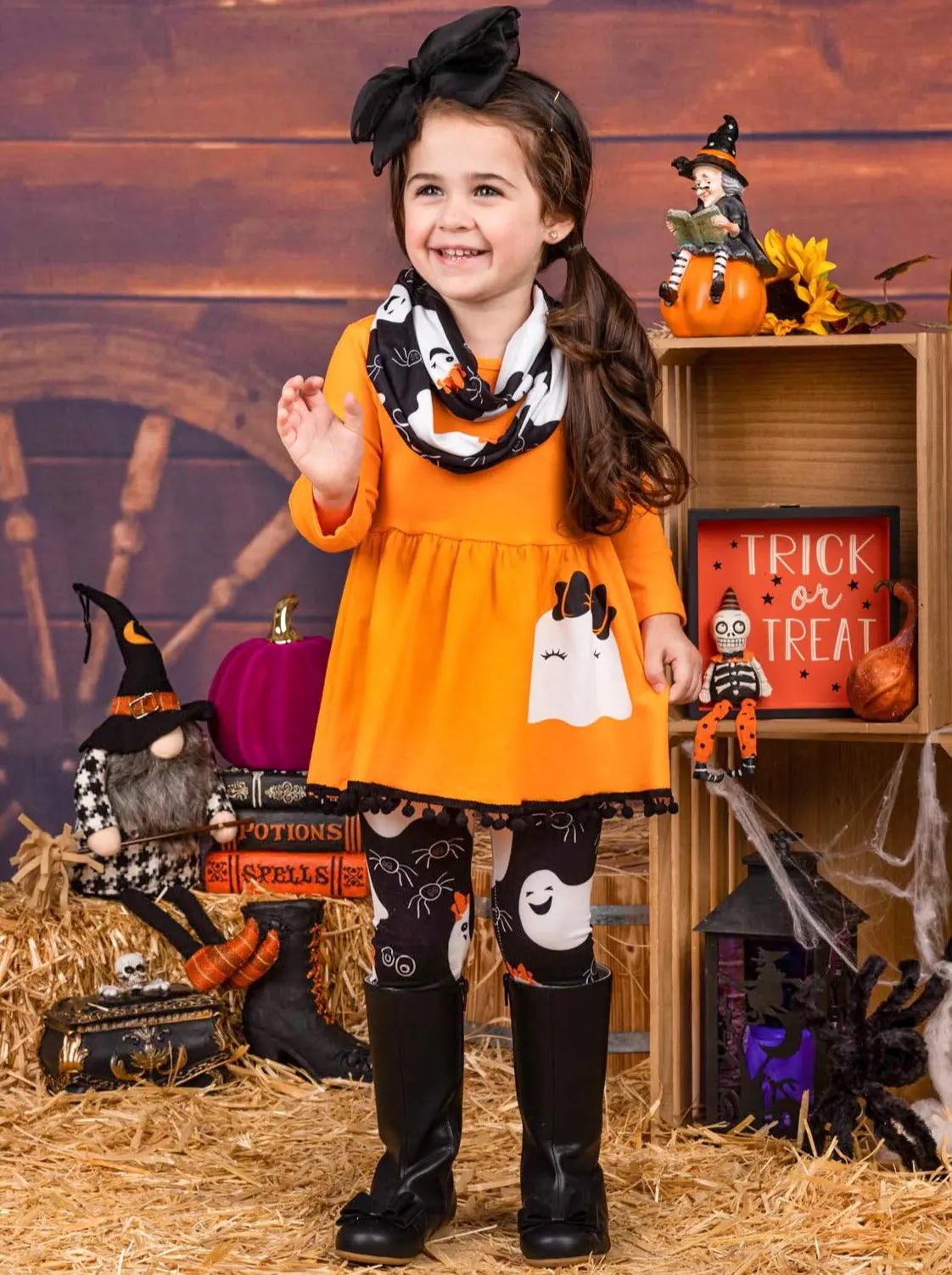 Boo Tribe Long Sleeve Pom Pom Tunic, Leggings and Scarf Set - Image 3