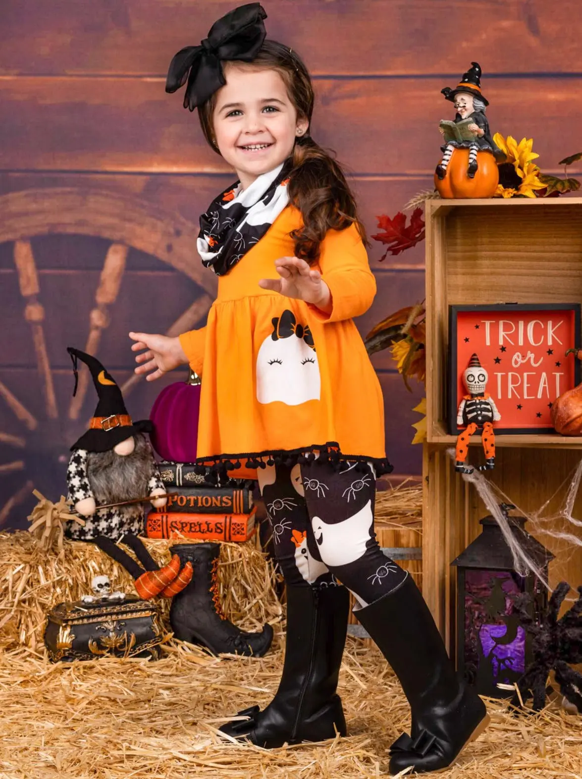 Boo Tribe Long Sleeve Pom Pom Tunic, Leggings and Scarf Set - Image 4