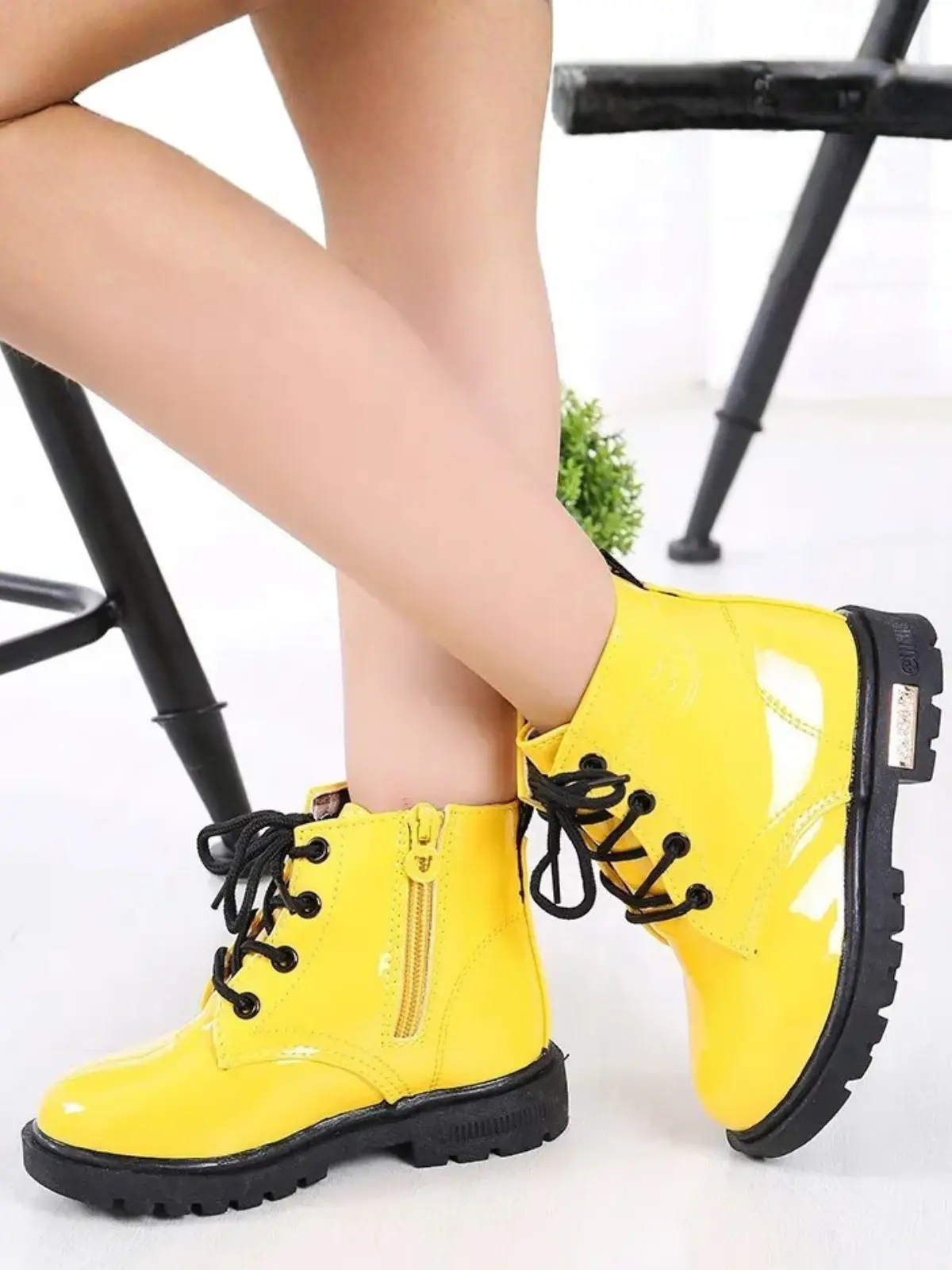 Yellow Patent Synthetic Leather Boots By Liv and Mia - Image 3