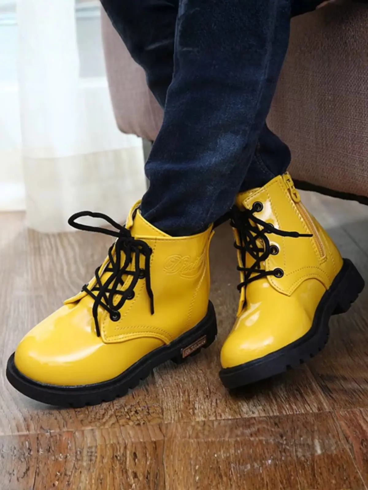 Yellow Patent Synthetic Leather Boots By Liv and Mia - Image 4