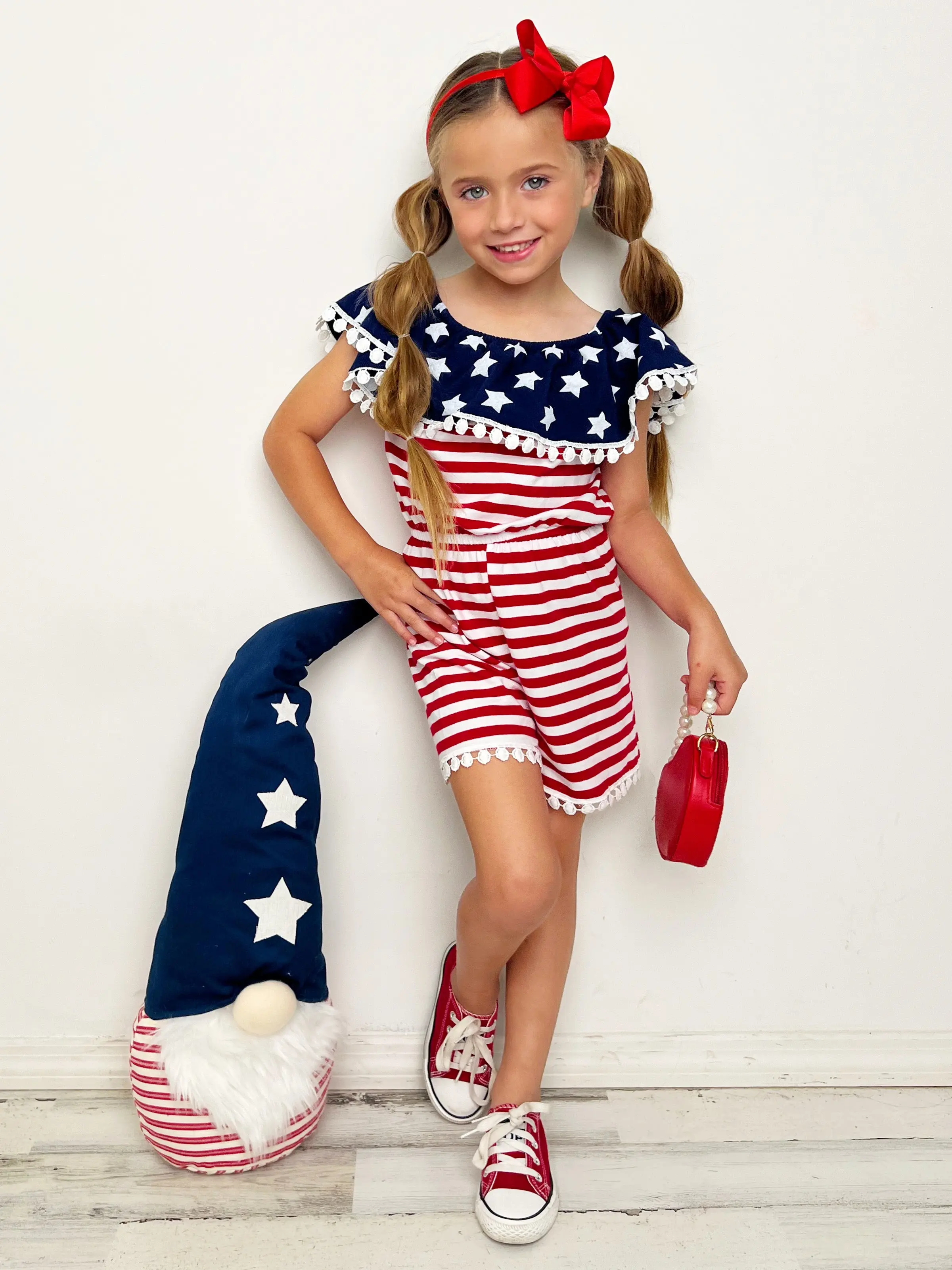 Patriotic Pom Pom Striped Romper - Image 2
