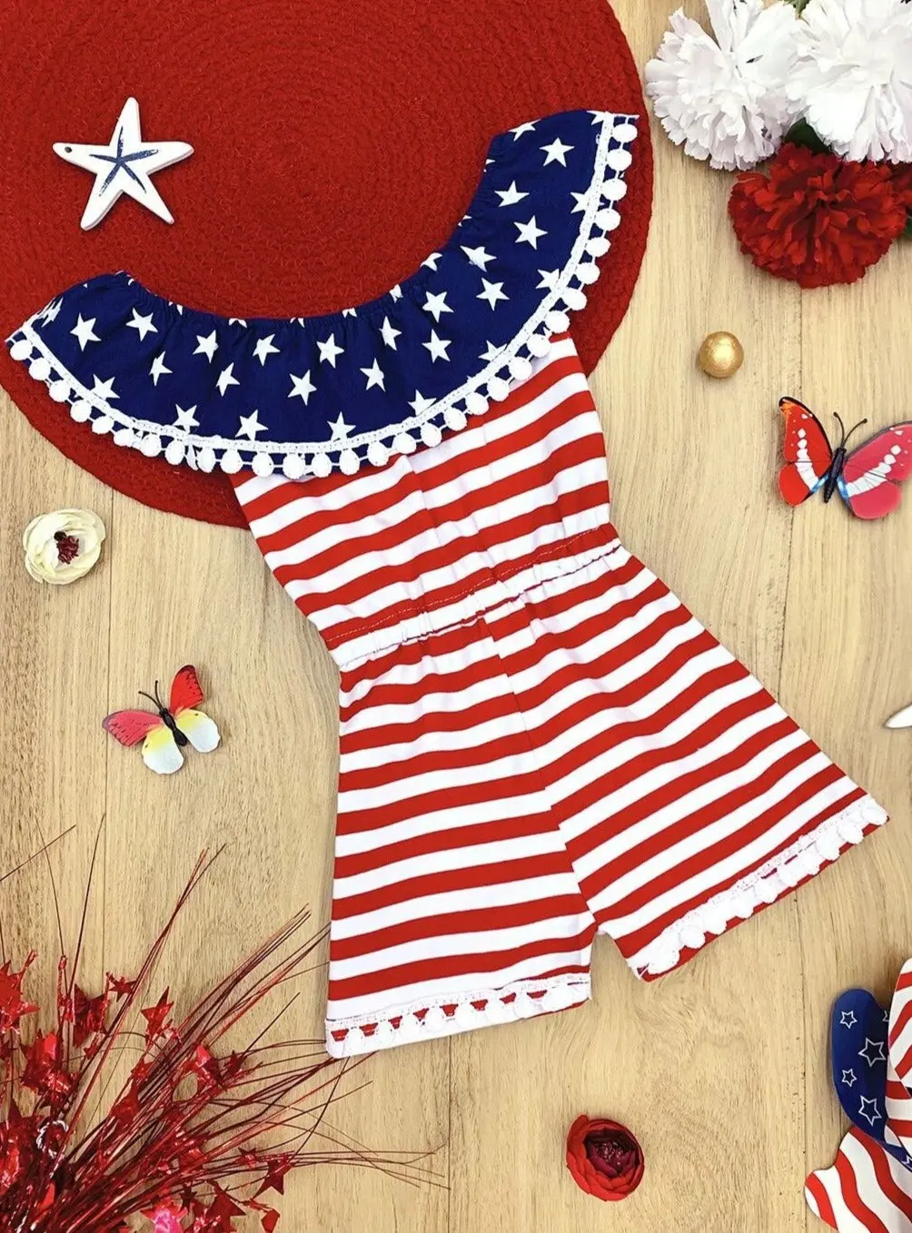 Patriotic Pom Pom Striped Romper - Image 3