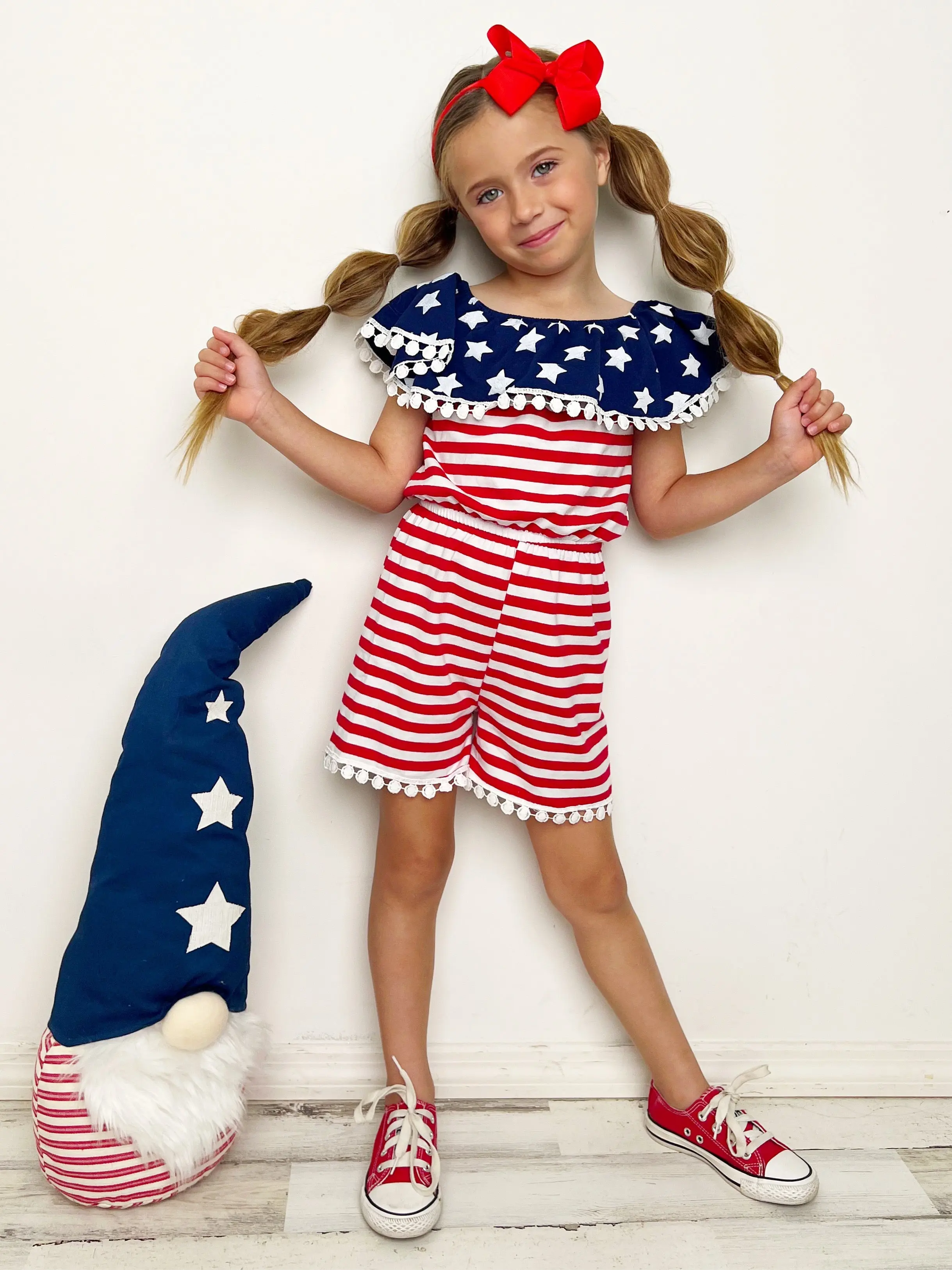Patriotic Pom Pom Striped Romper - Image 4