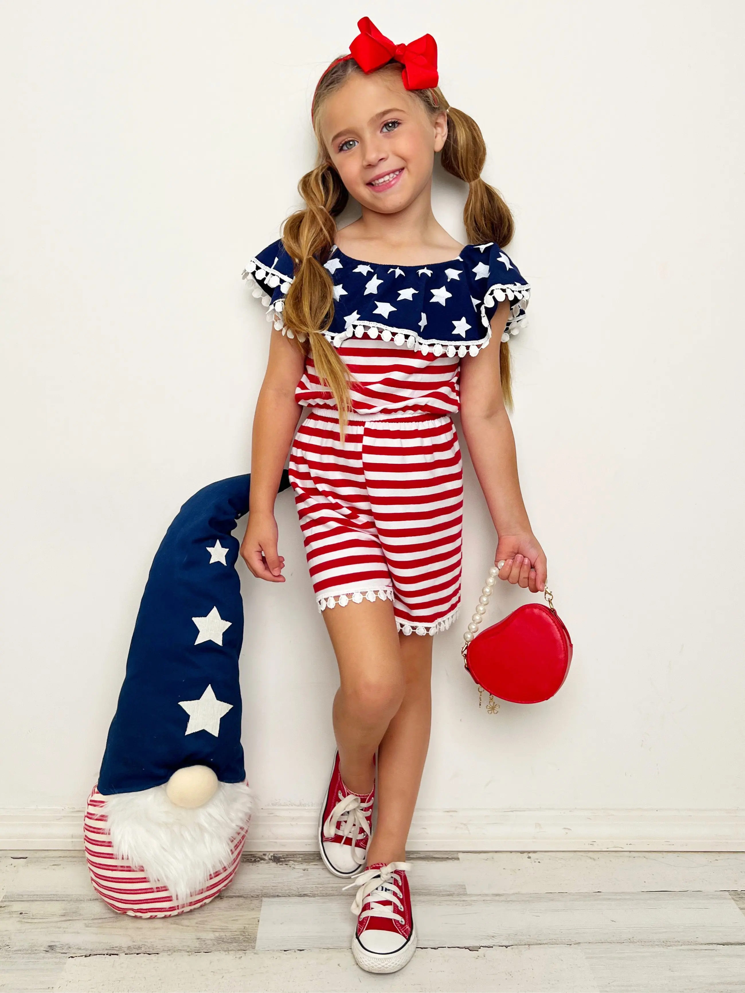 Patriotic Pom Pom Striped Romper - Image 5
