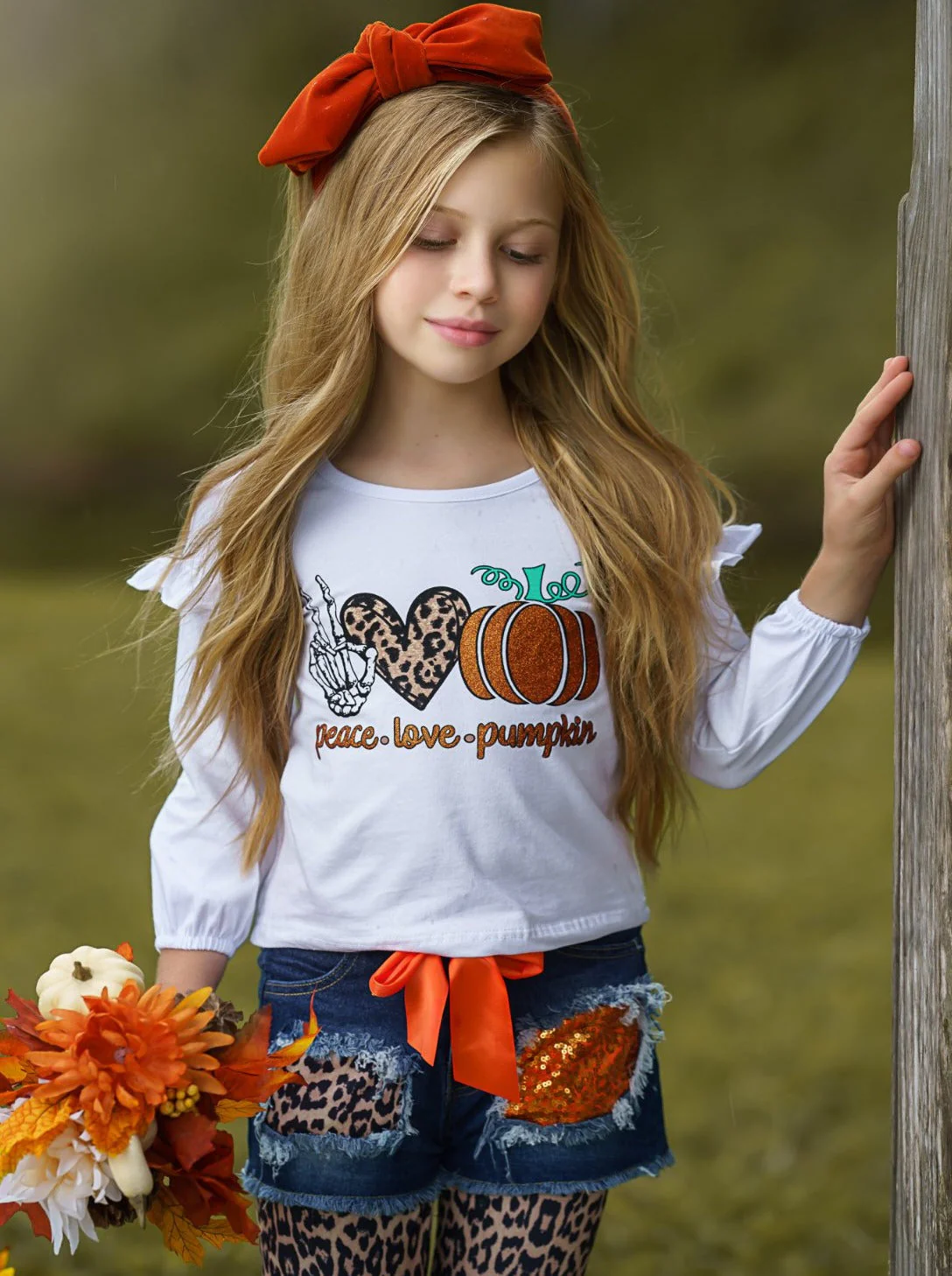 Peace, Love and Pumpkin Patched Denim Shorts and Legging Set - Image 2