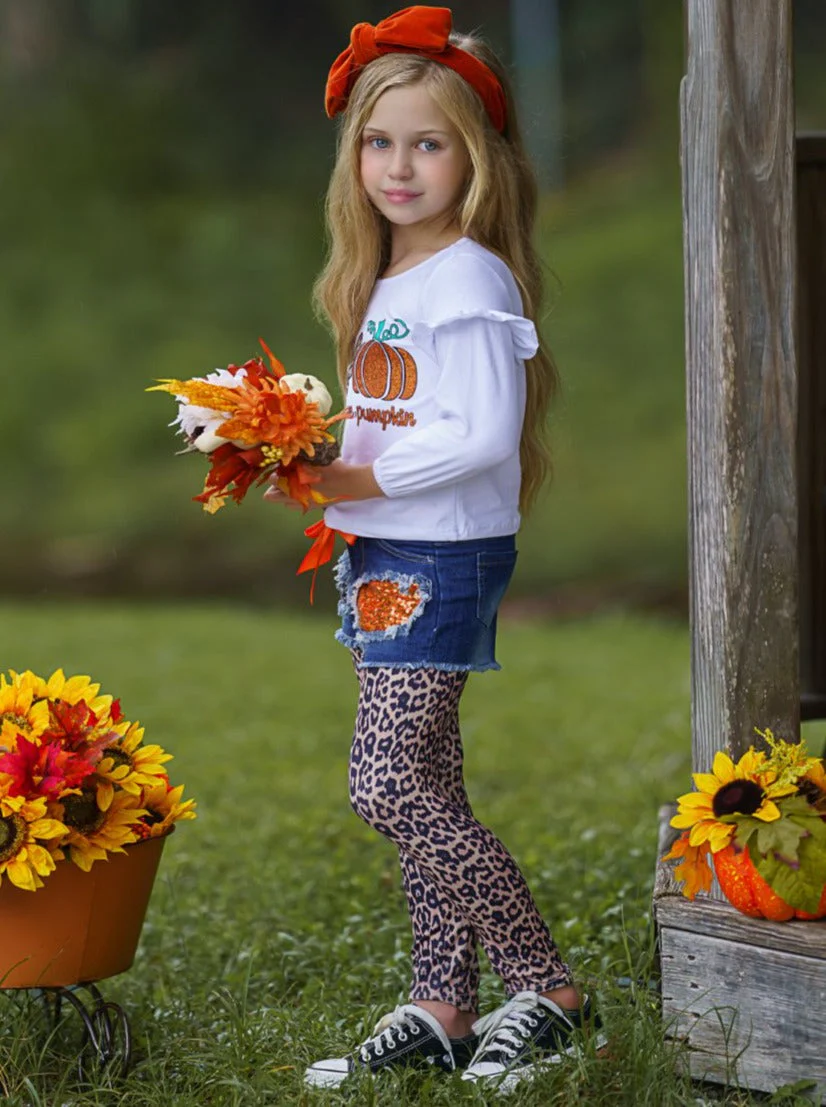 Peace, Love and Pumpkin Patched Denim Shorts and Legging Set - Image 4