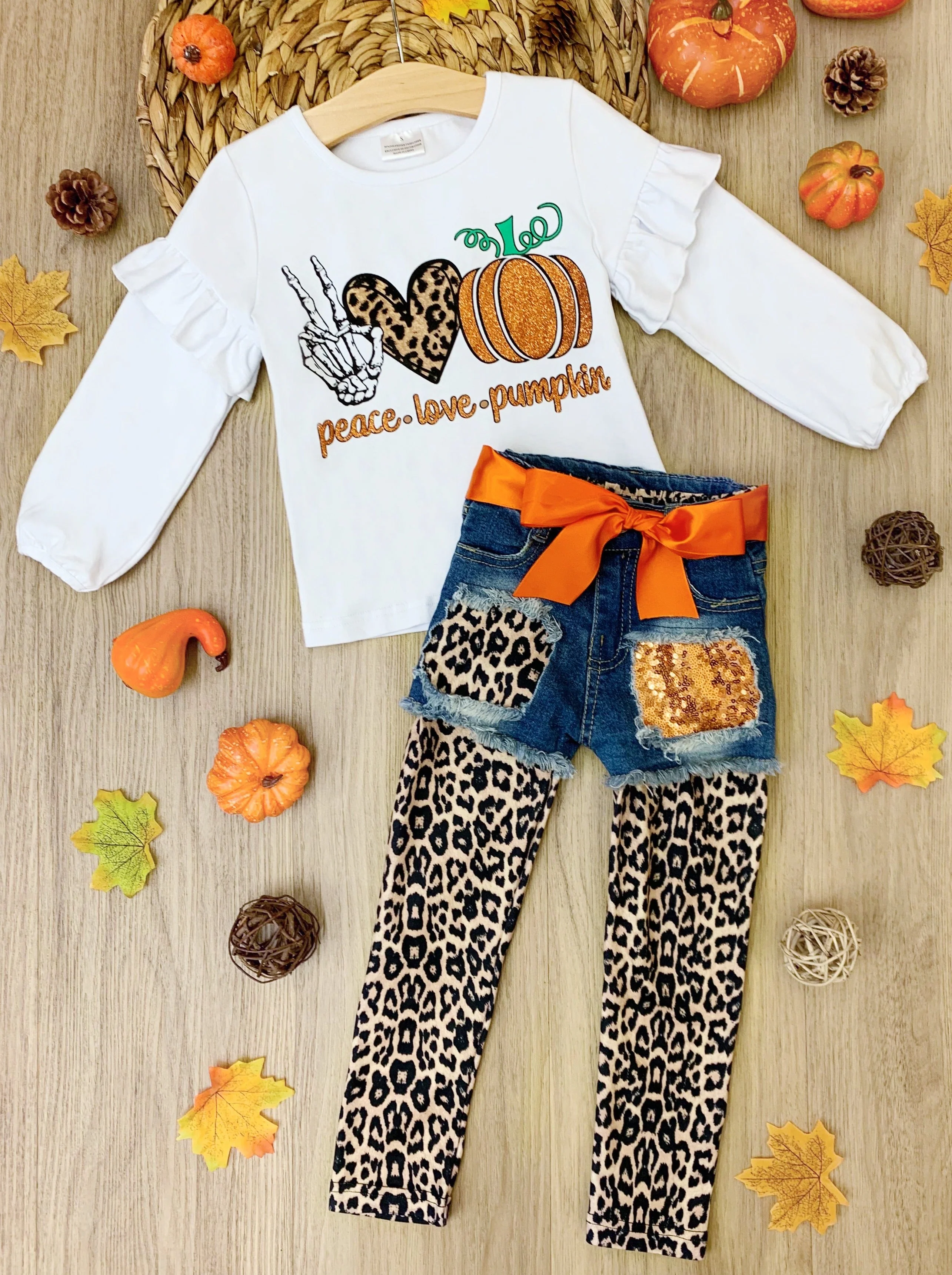 Peace, Love and Pumpkin Patched Denim Shorts and Legging Set - Image 6