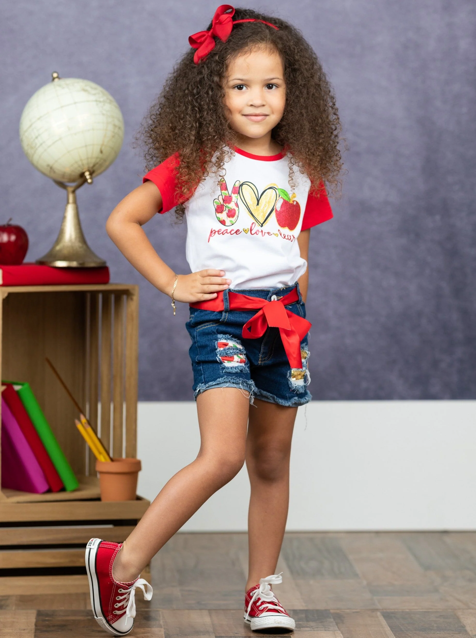 Peace, Love, Learn Patched Denim Short Set - Image 2