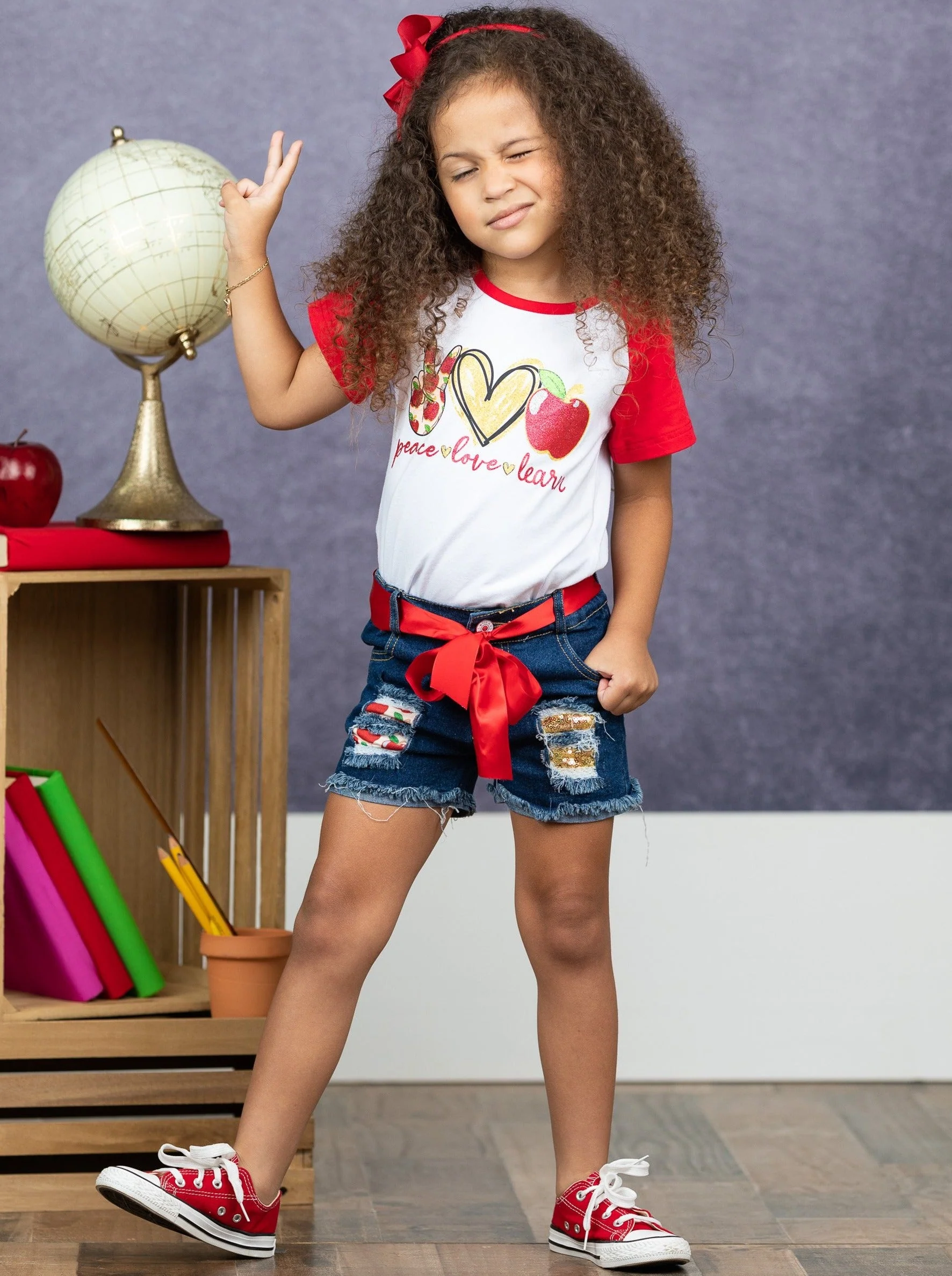 Peace, Love, Learn Patched Denim Short Set - Image 5