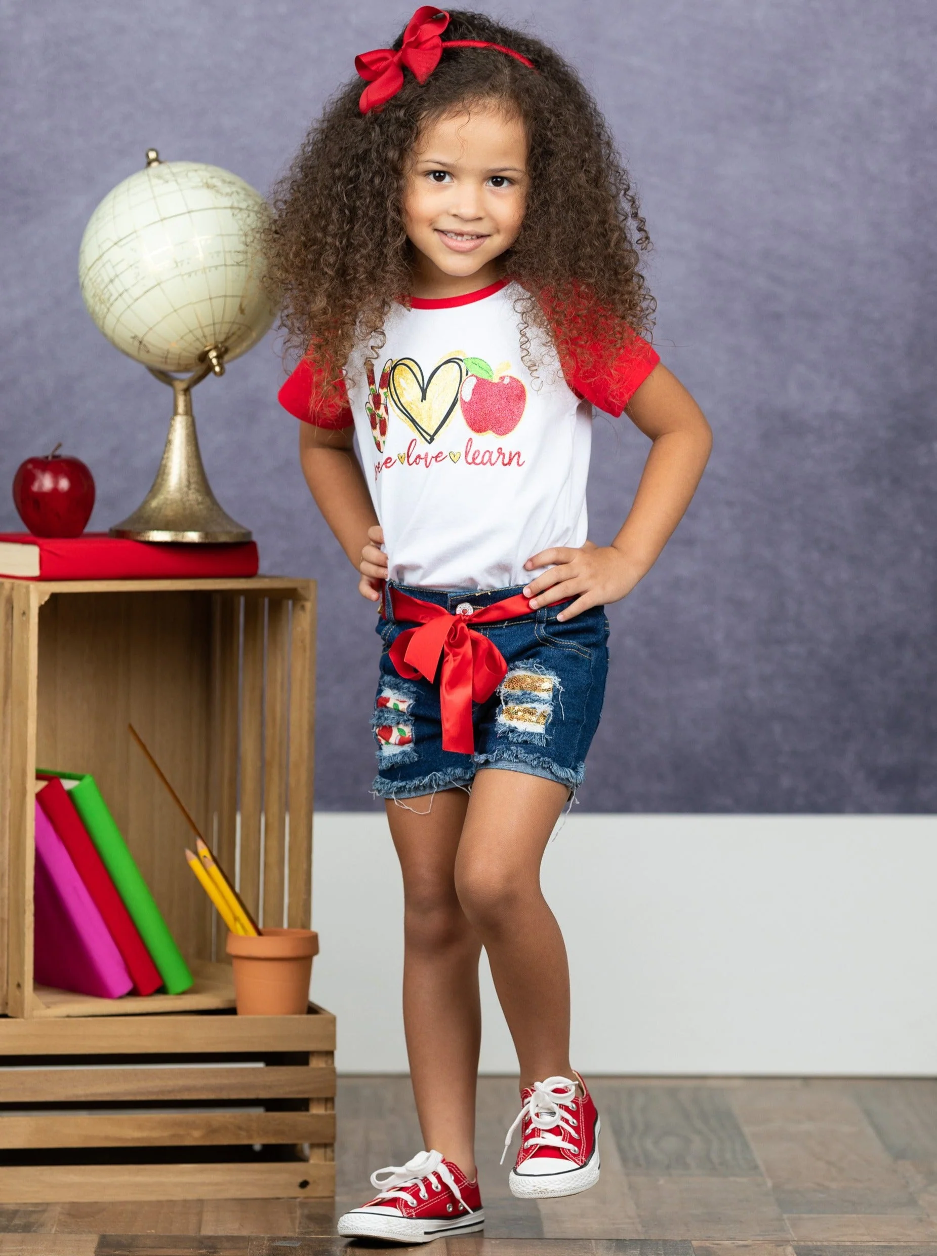 Peace, Love, Learn Patched Denim Short Set - Image 6
