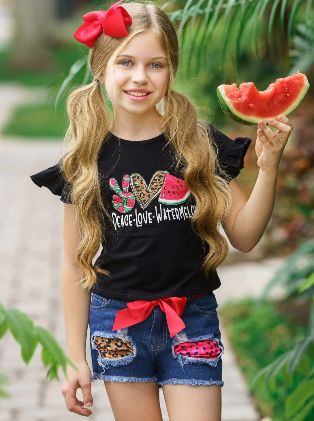 Peace, Love, Watermelon Patched Denim Short Set - Image 2