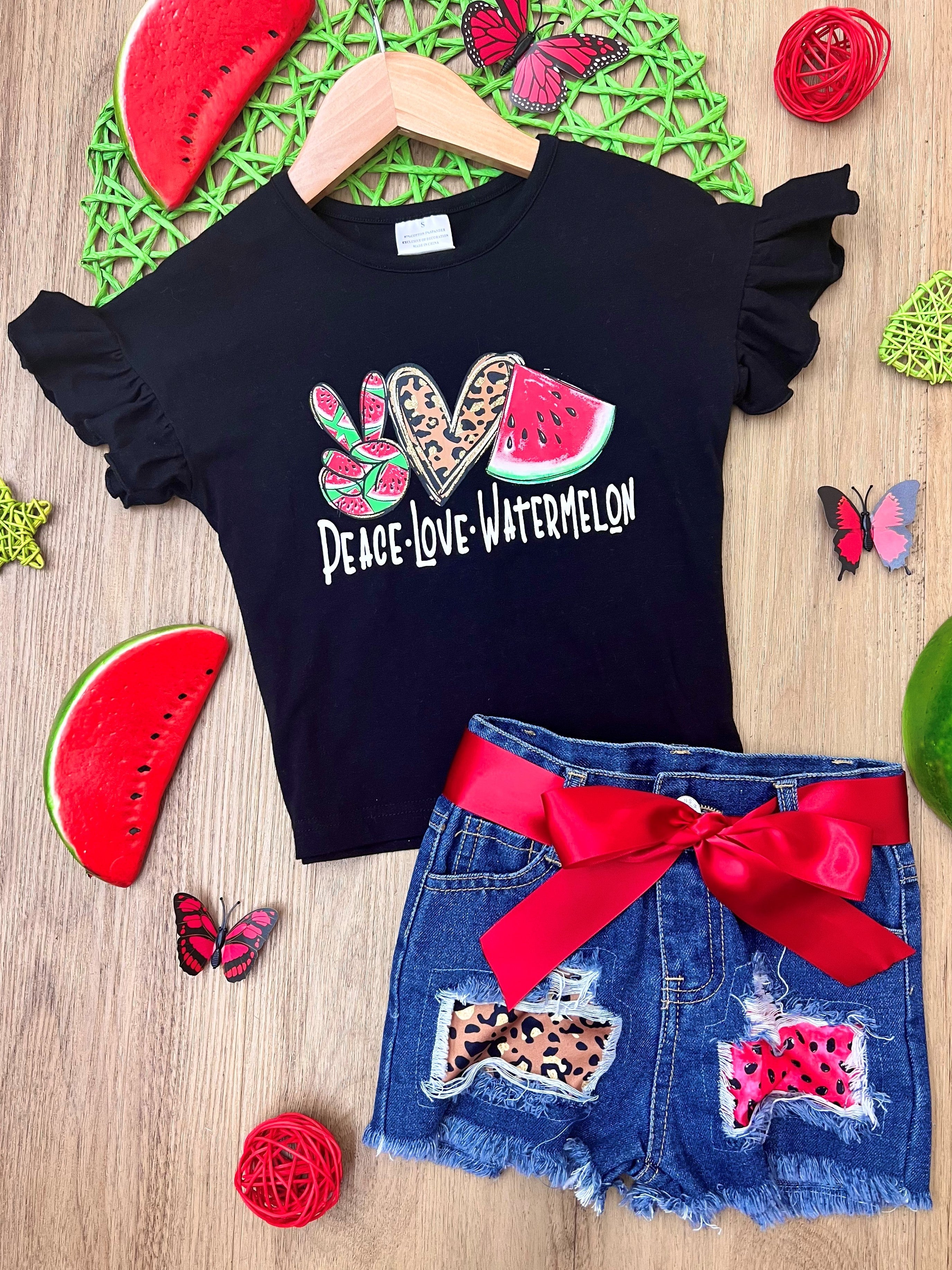 Peace, Love, Watermelon Patched Denim Short Set - Image 3