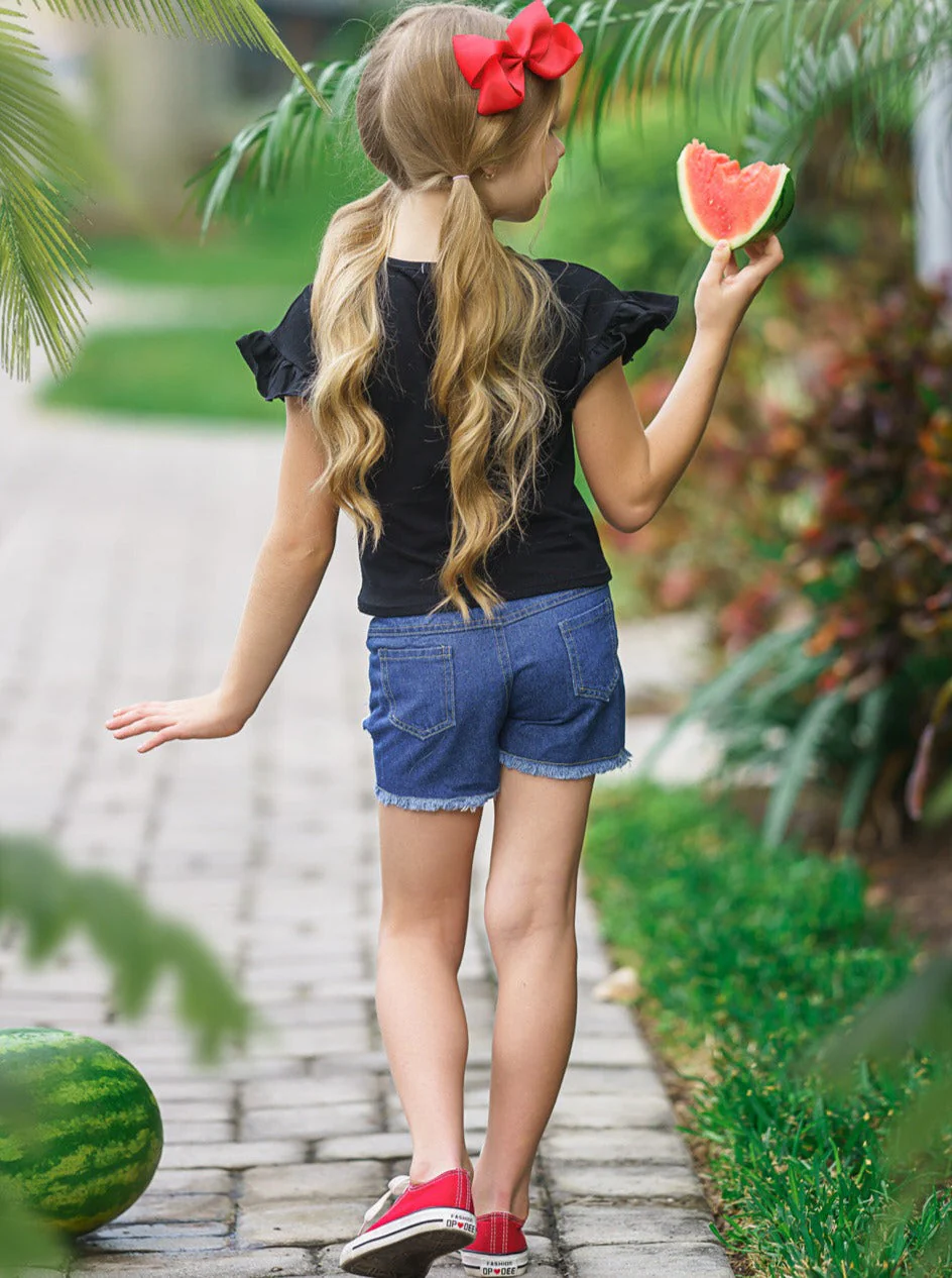 Peace, Love, Watermelon Patched Denim Short Set - Image 4