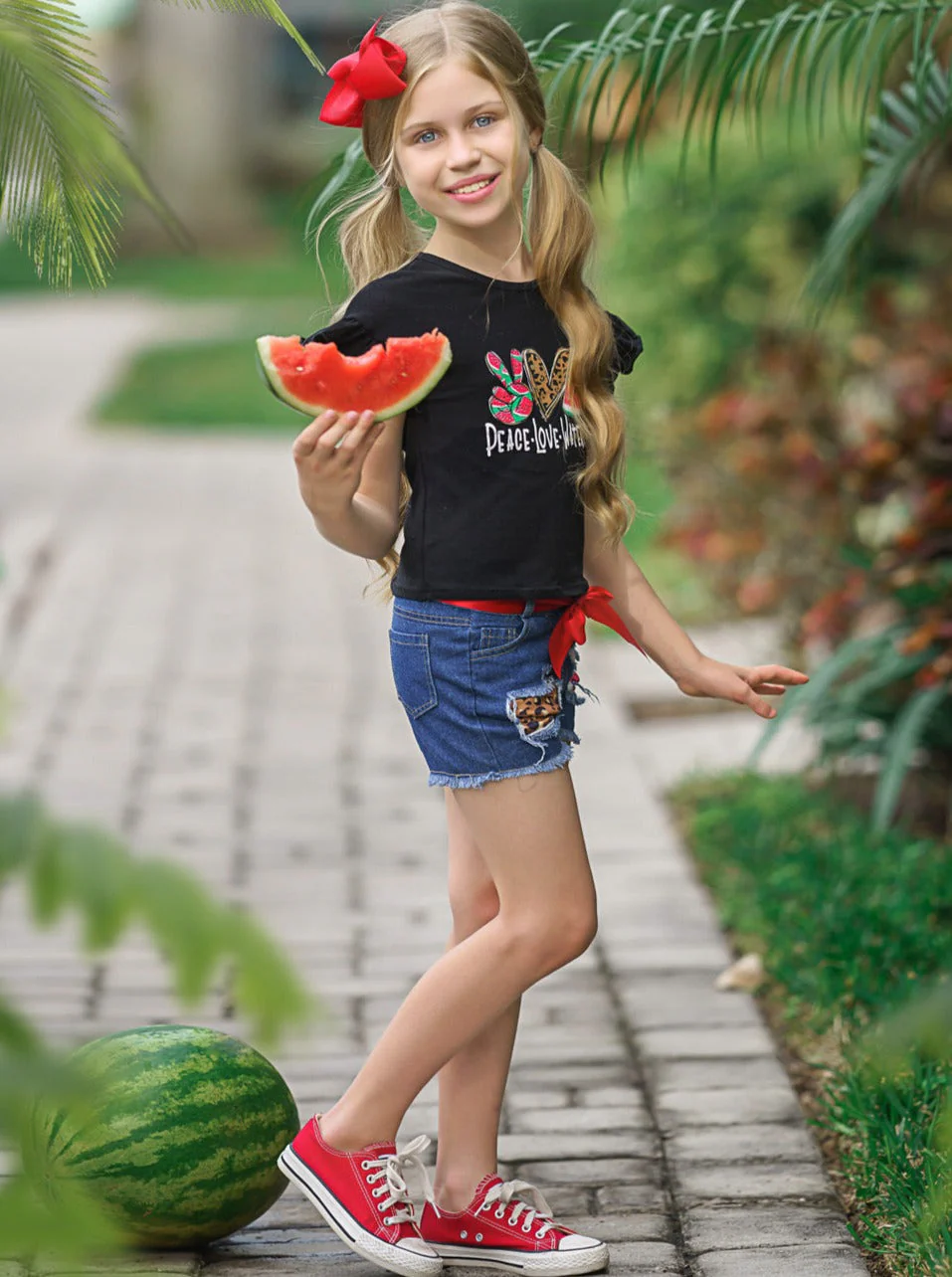 Peace, Love, Watermelon Patched Denim Short Set - Image 5