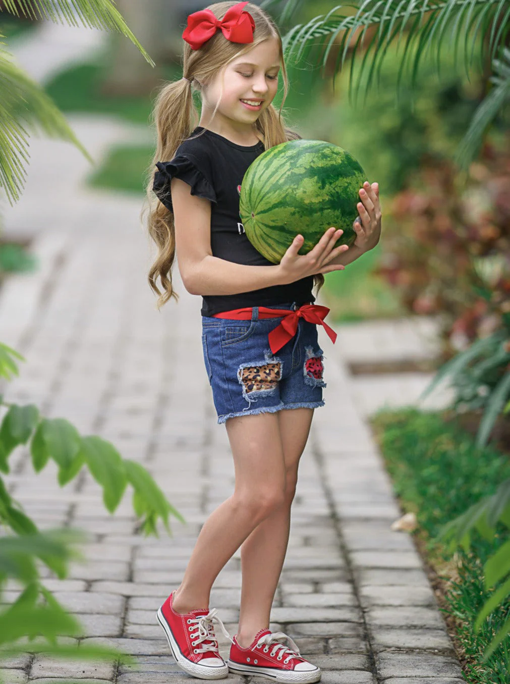 Peace, Love, Watermelon Patched Denim Short Set - Image 6