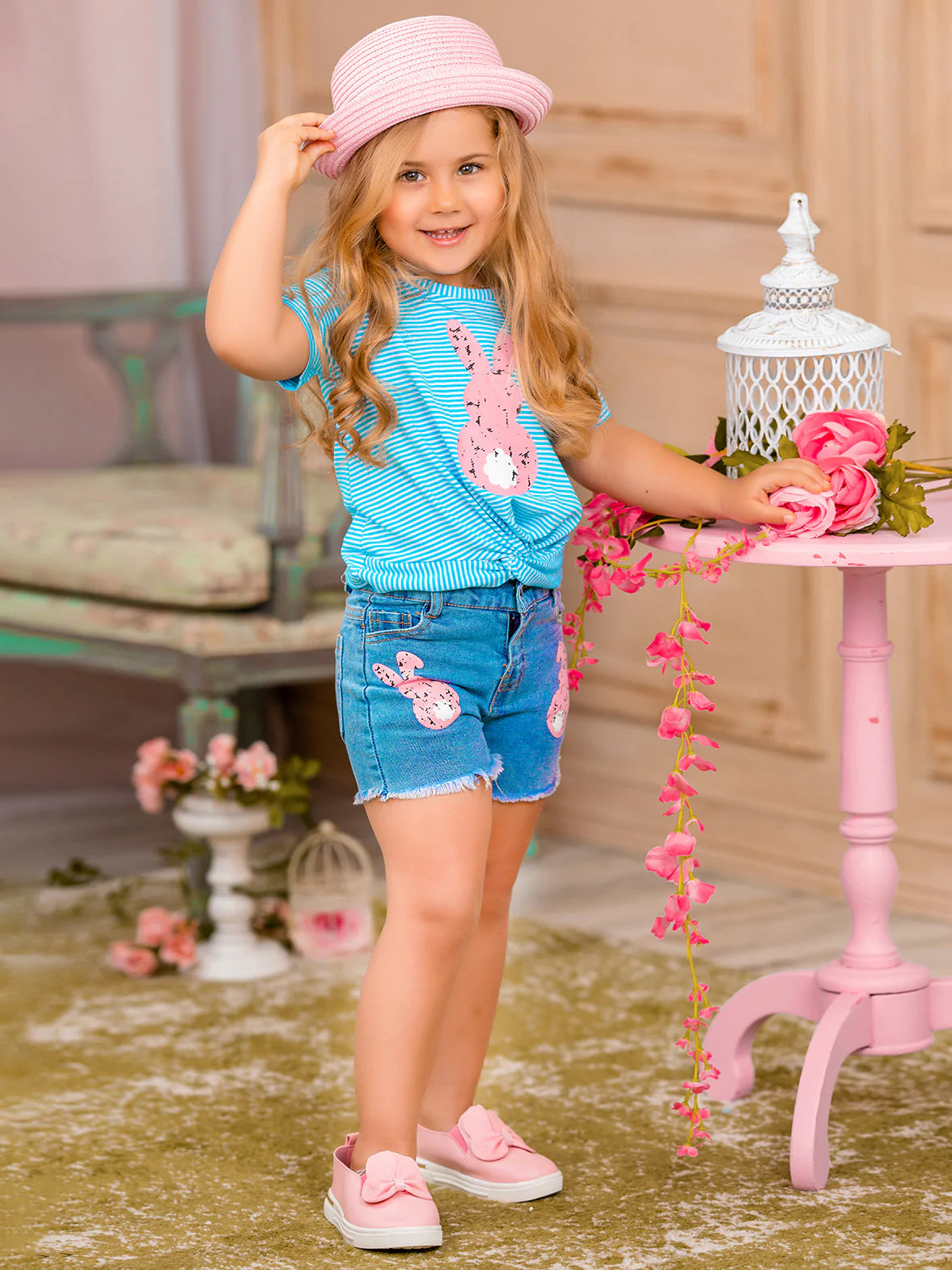Pencil Stripe Bunny Tail Denim Shorts Set - Image 2