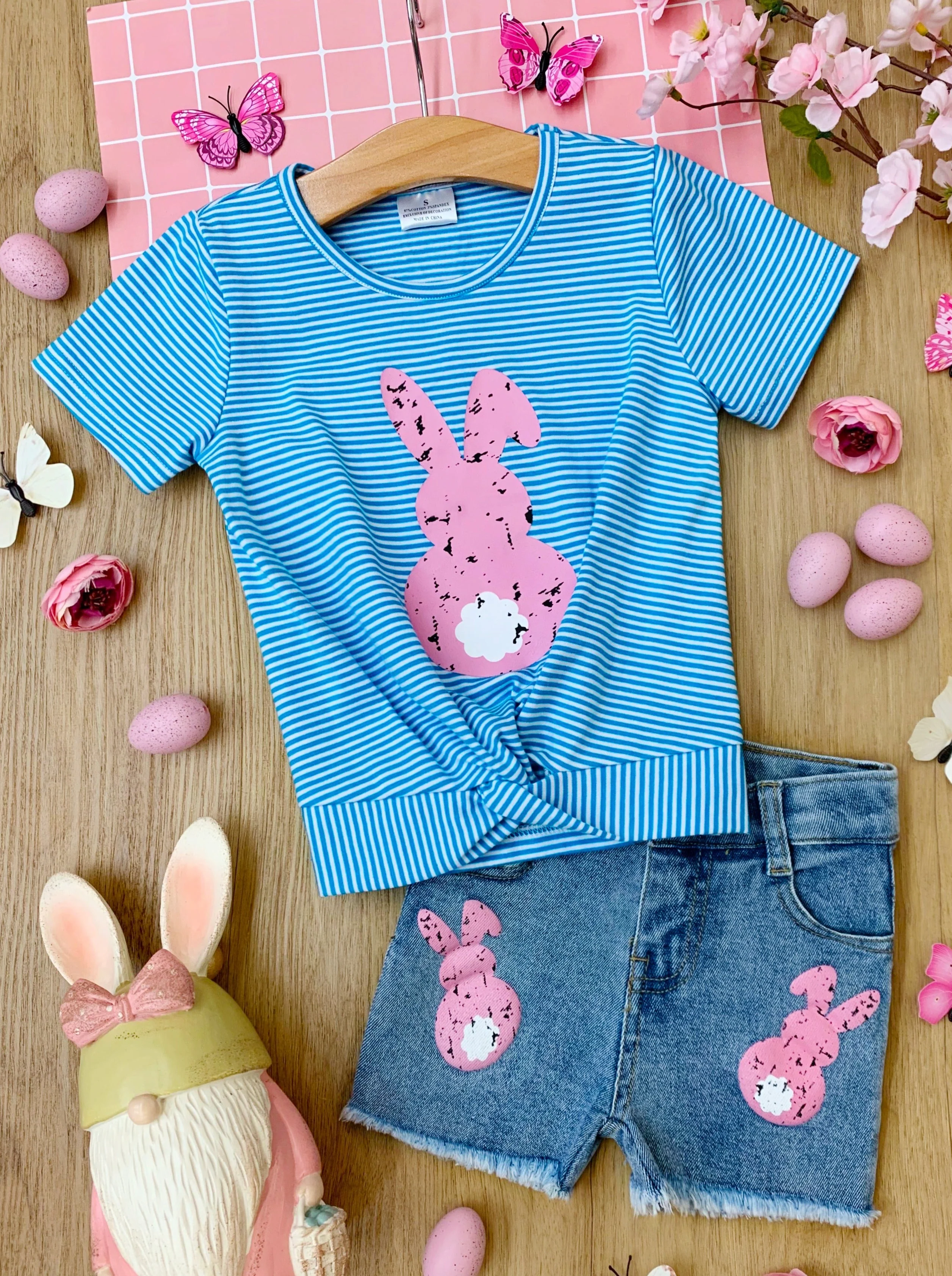 Pencil Stripe Bunny Tail Denim Shorts Set - Image 3
