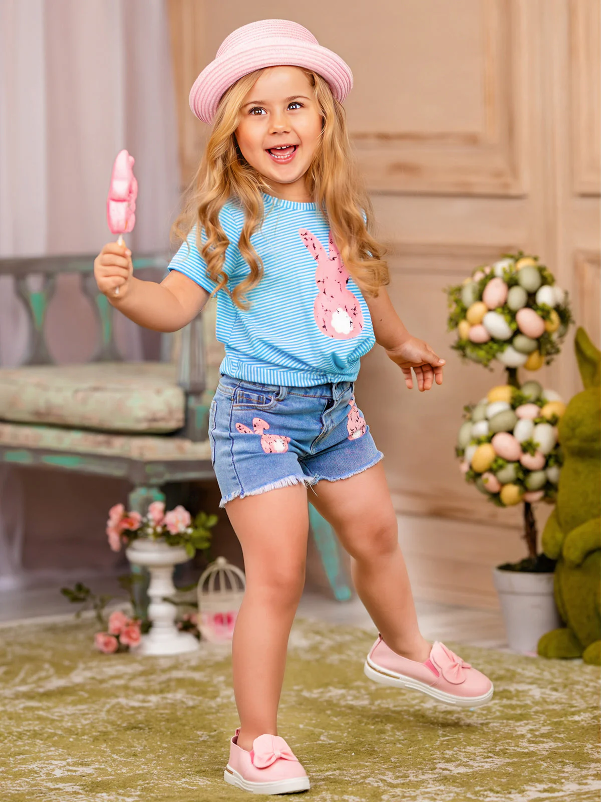 Pencil Stripe Bunny Tail Denim Shorts Set - Image 4