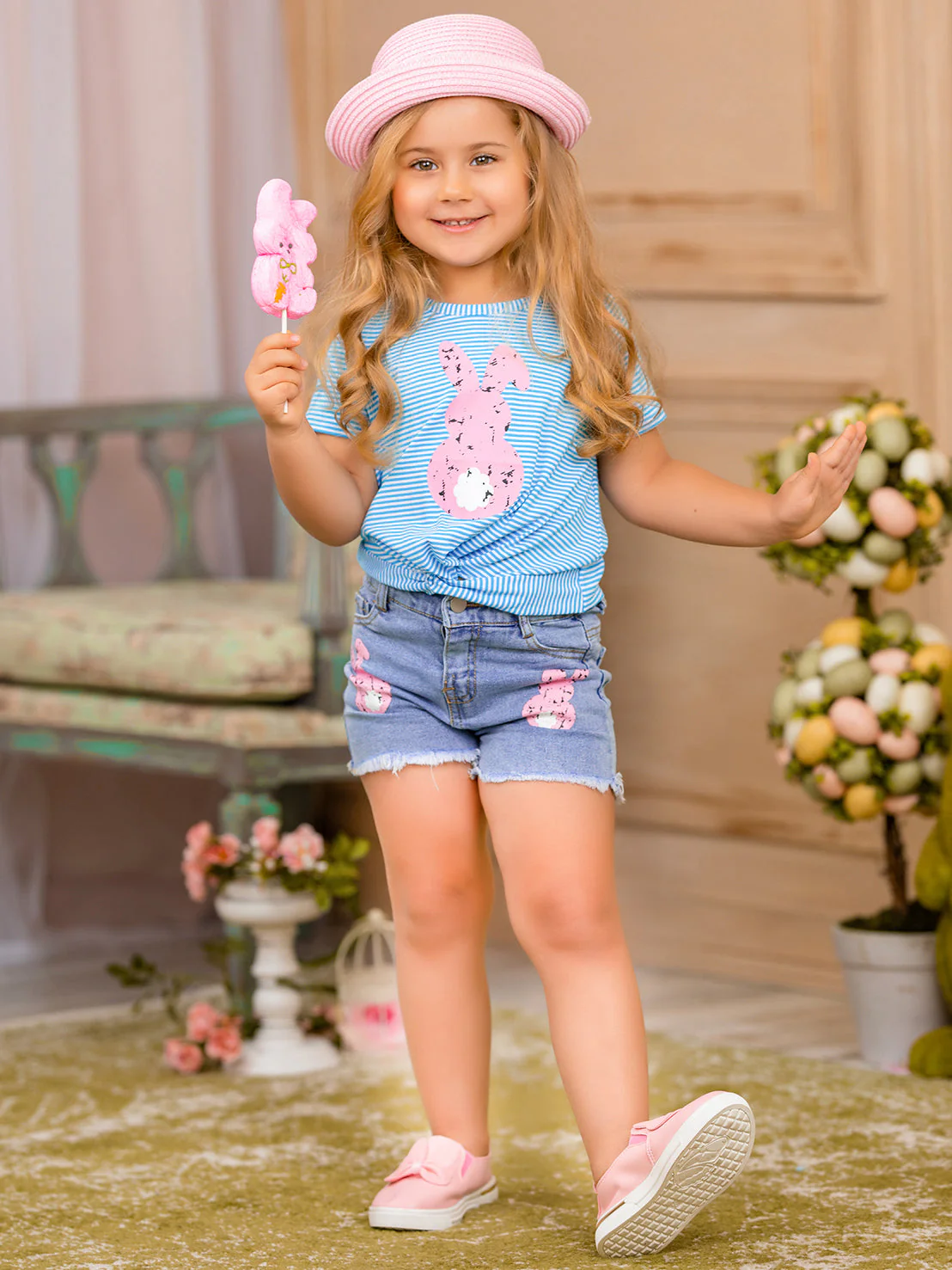 Pencil Stripe Bunny Tail Denim Shorts Set - Image 5
