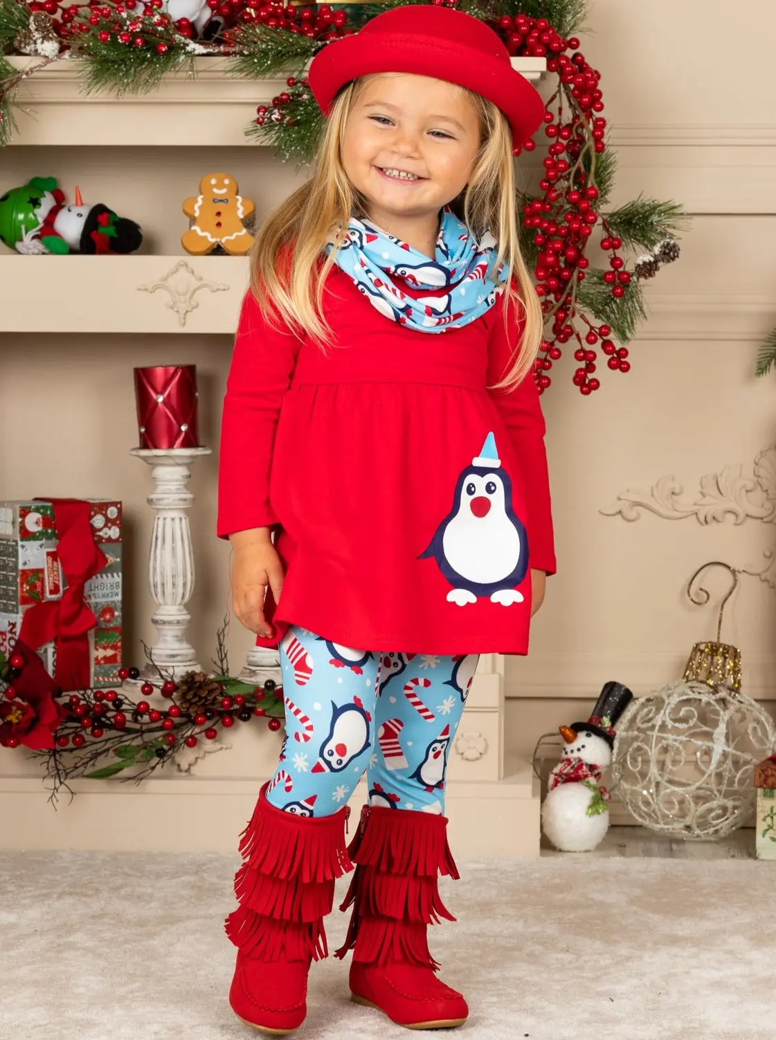 Girls Penguin Candy Cane Top, Leggings and Scarf Set - Image 2