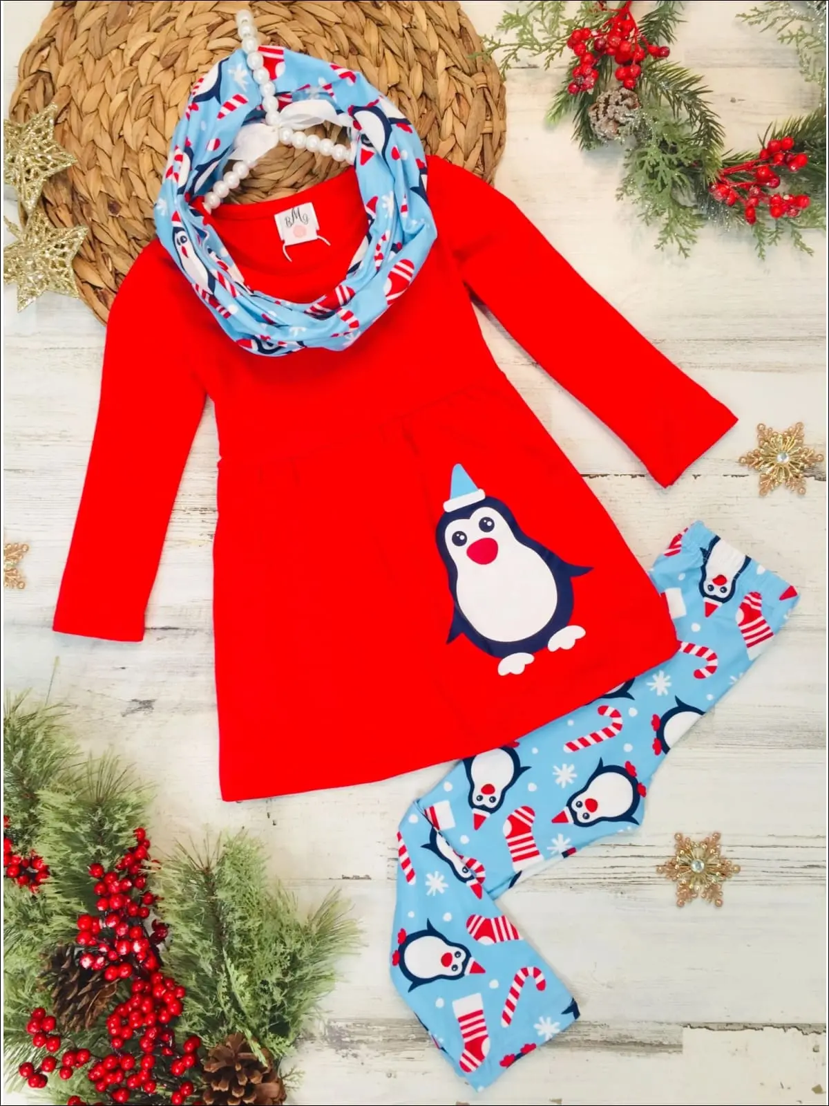 Girls Penguin Candy Cane Top, Leggings and Scarf Set - Image 3