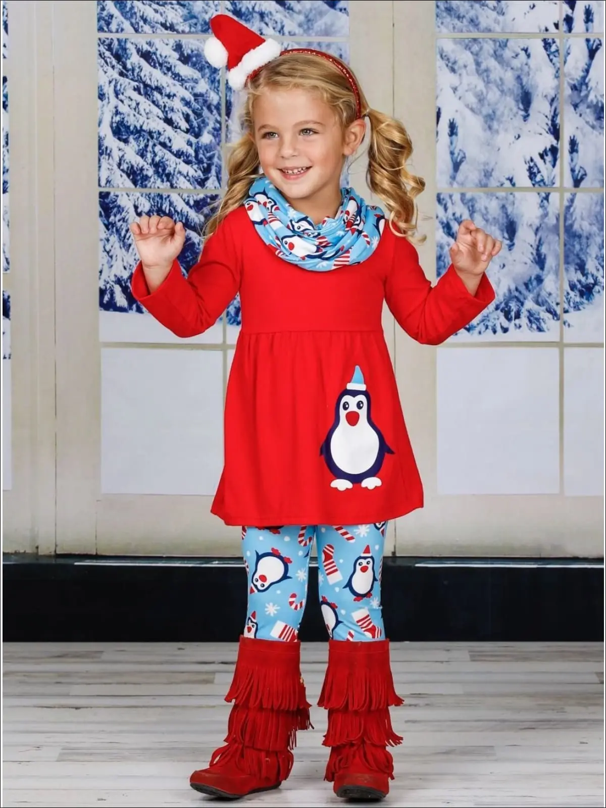 Girls Penguin Candy Cane Top, Leggings and Scarf Set - Image 4