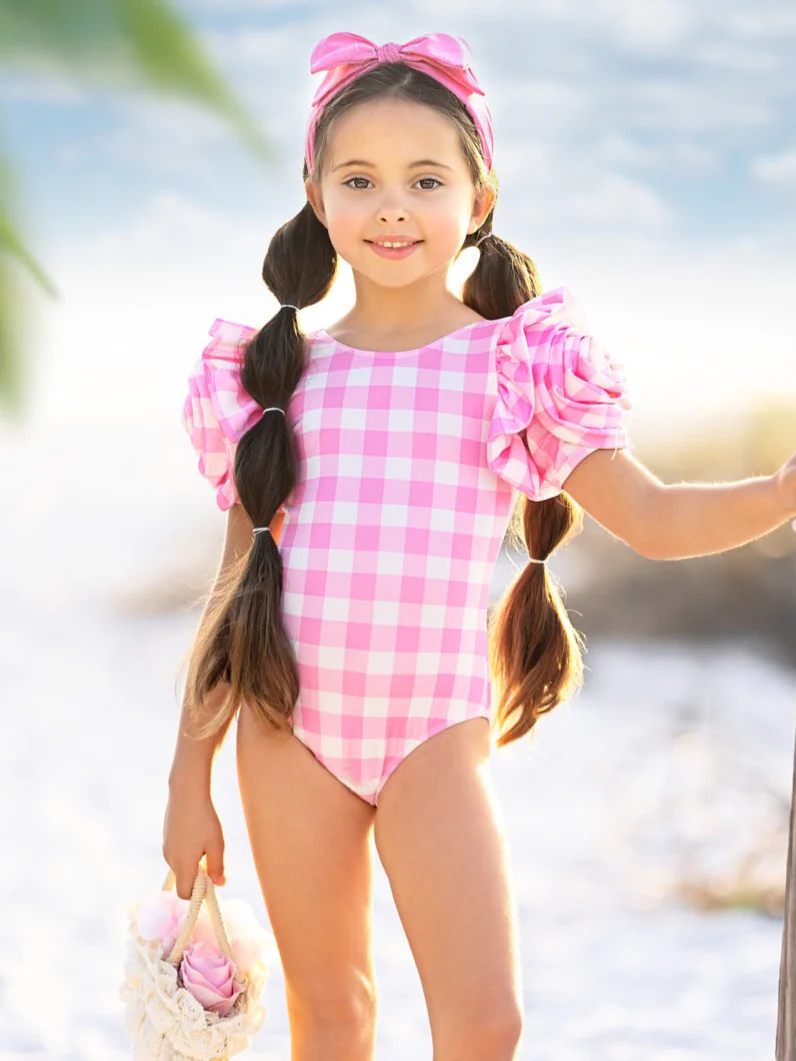 Girly Gingham Rose Shoulder One Piece Swimsuit - Image 2