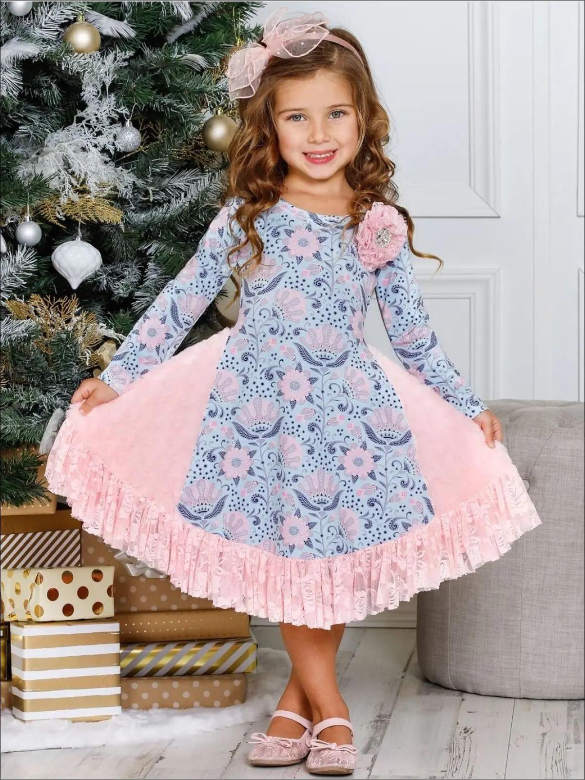 Ruffled Rosebud Lace Side Inserts Flare Dress - Image 3