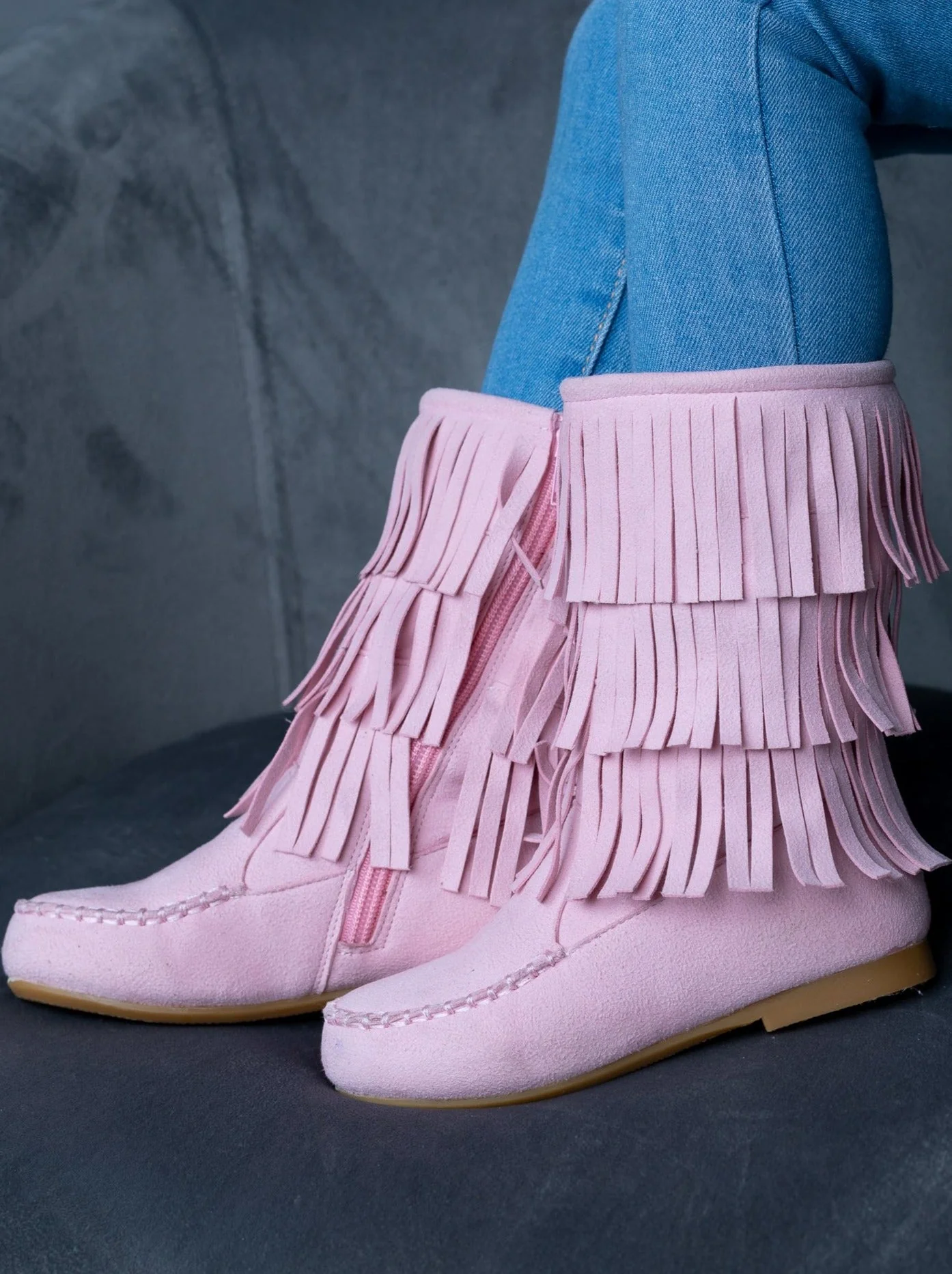 Pink Suede Tiered Fringe Boots By Liv and Mia - Image 2