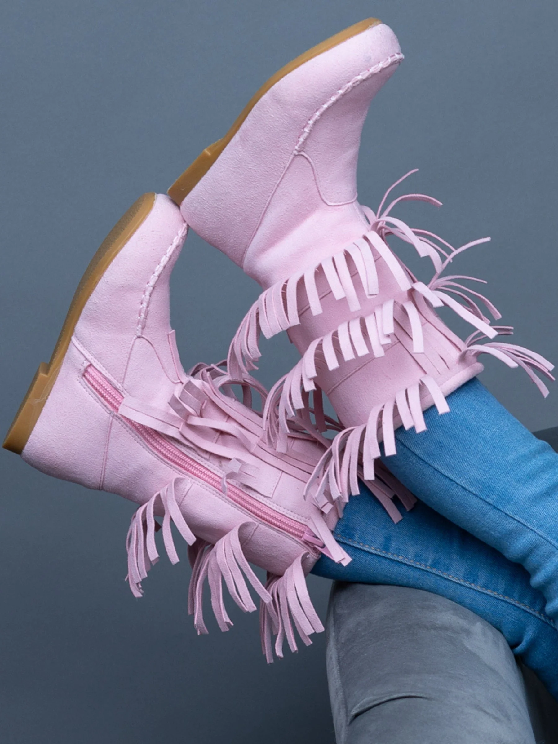 Pink Suede Tiered Fringe Boots By Liv and Mia - Image 3