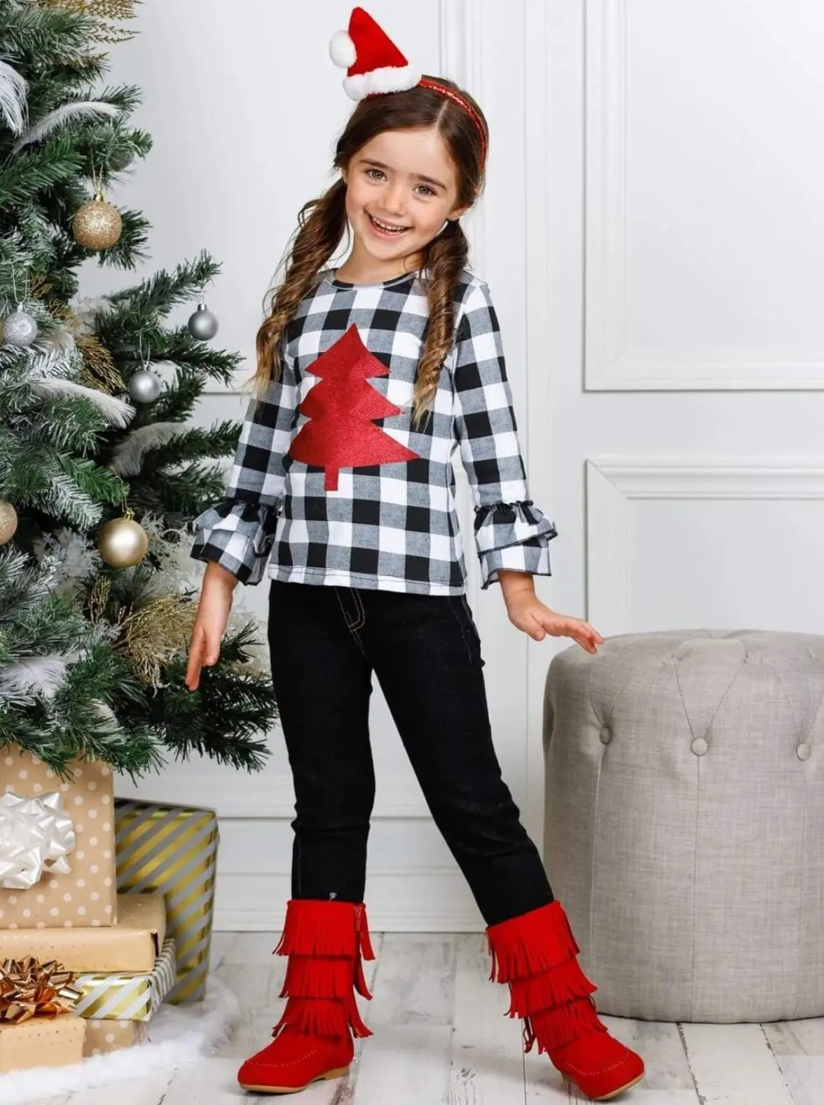 Plaid Shimmer Tree Cuffed Jeans Set - Image 2