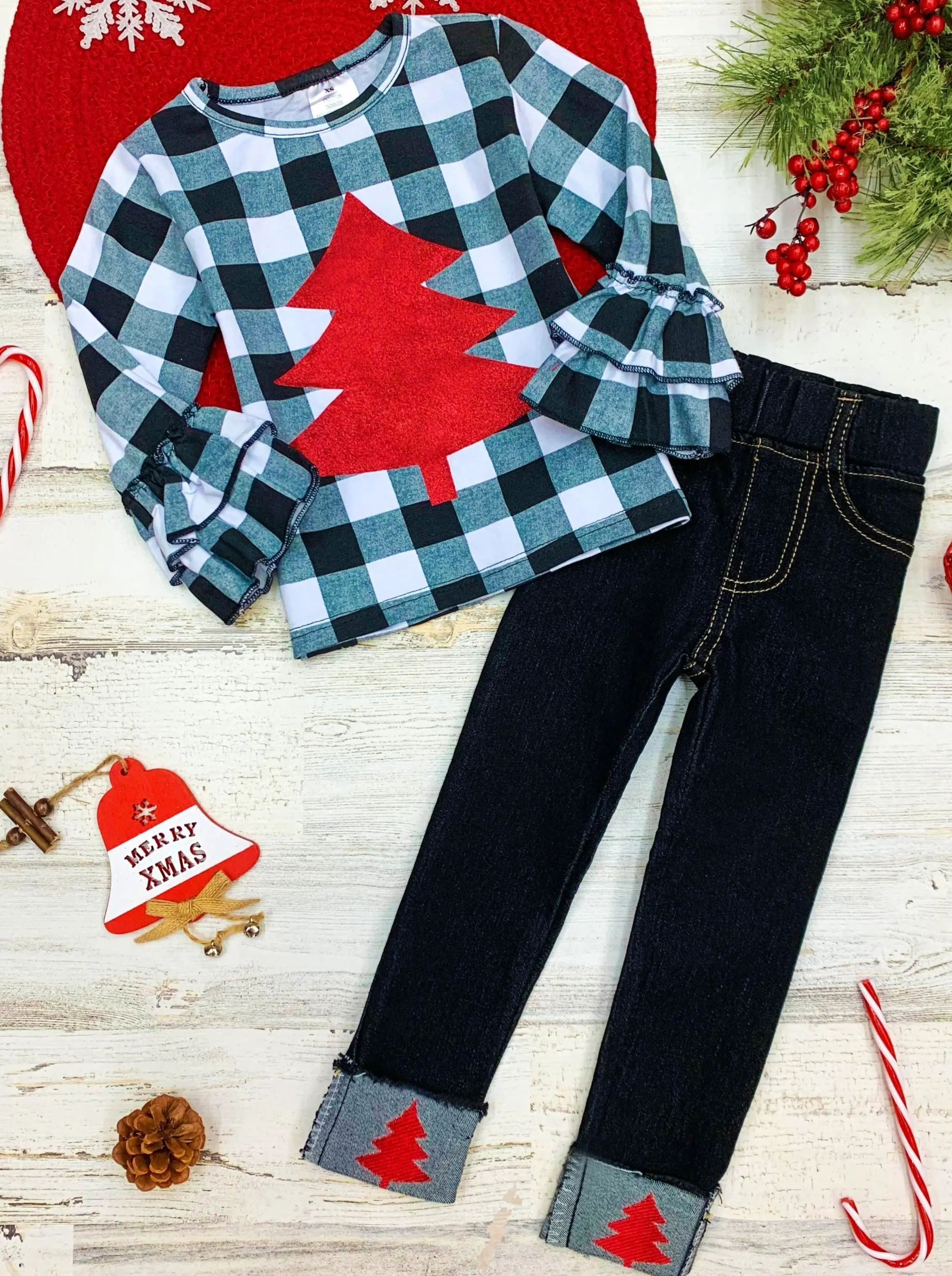 Plaid Shimmer Tree Cuffed Jeans Set - Image 3
