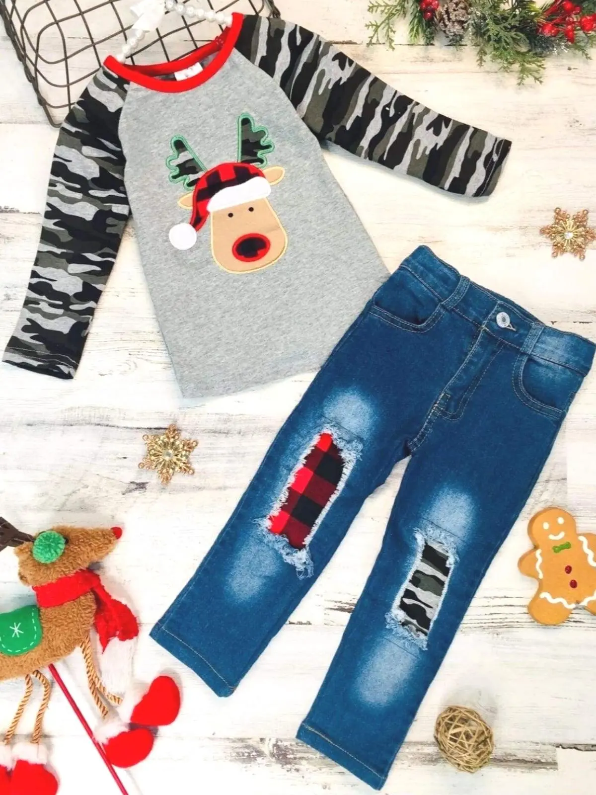 Plaid Rudolph Camo Raglan Top and Patched Jeans Set - Image 3