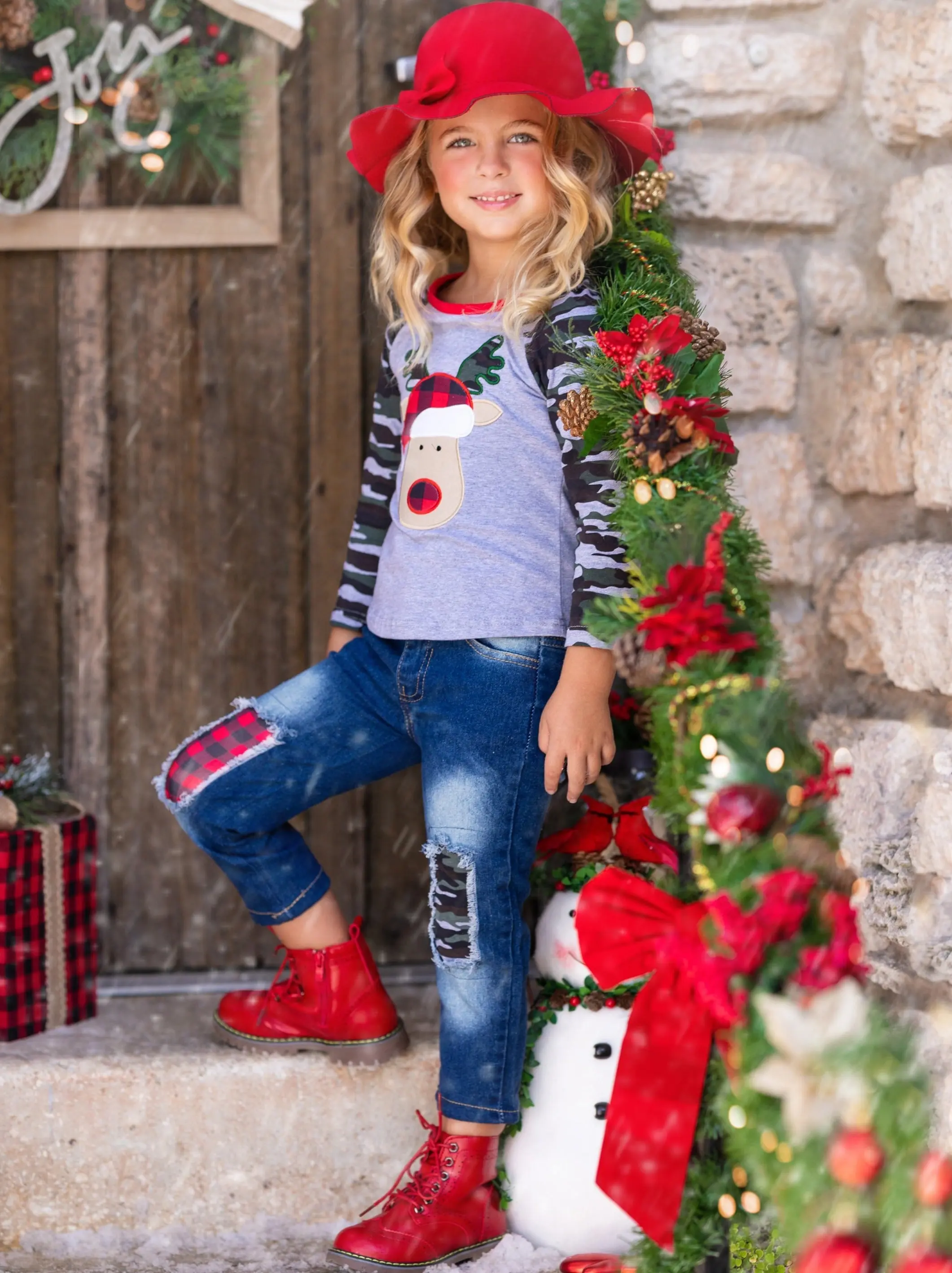 Plaid Rudolph Camo Raglan Top and Patched Jeans Set - Image 4