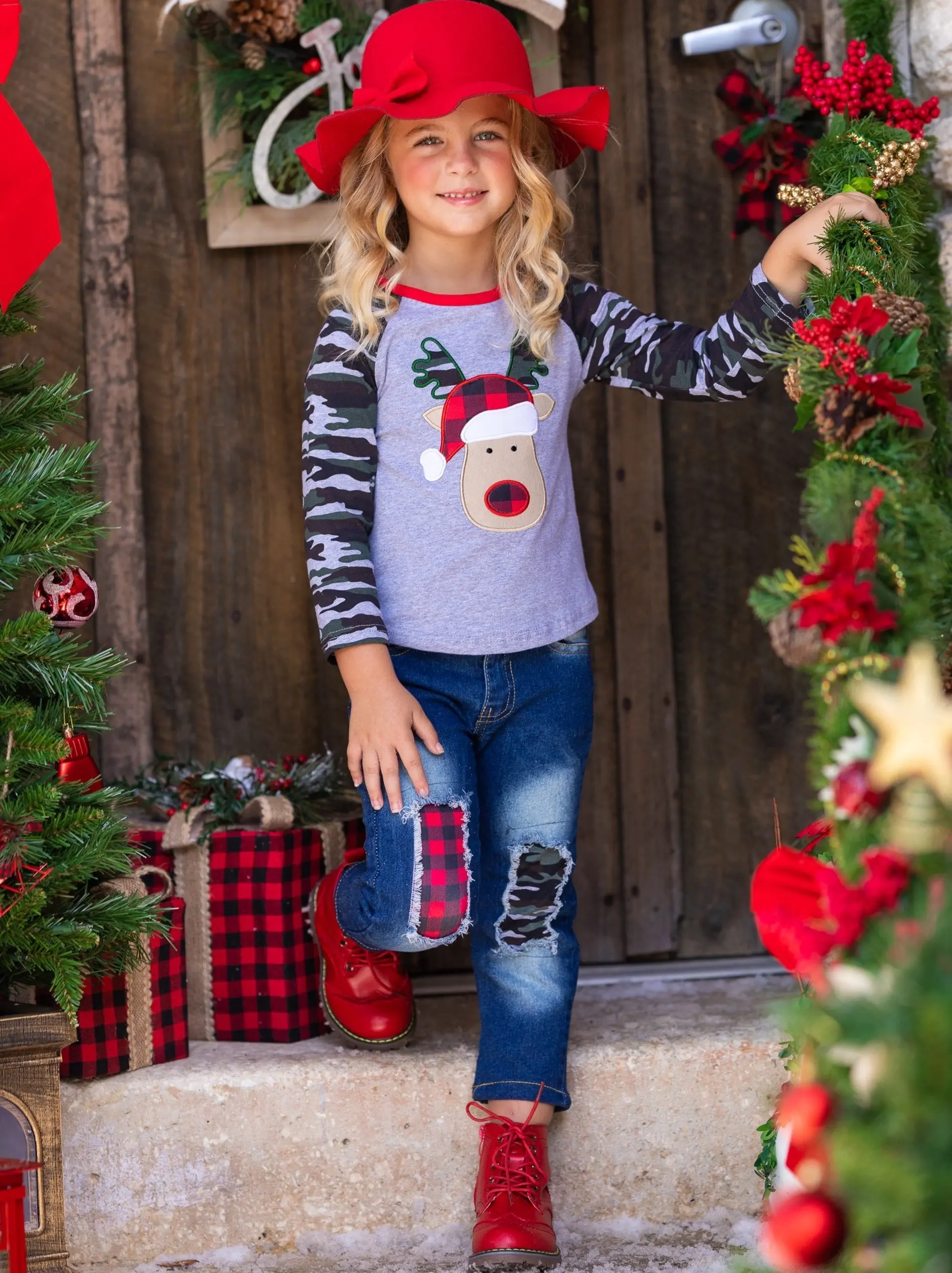 Plaid Rudolph Camo Raglan Top and Patched Jeans Set - Image 5